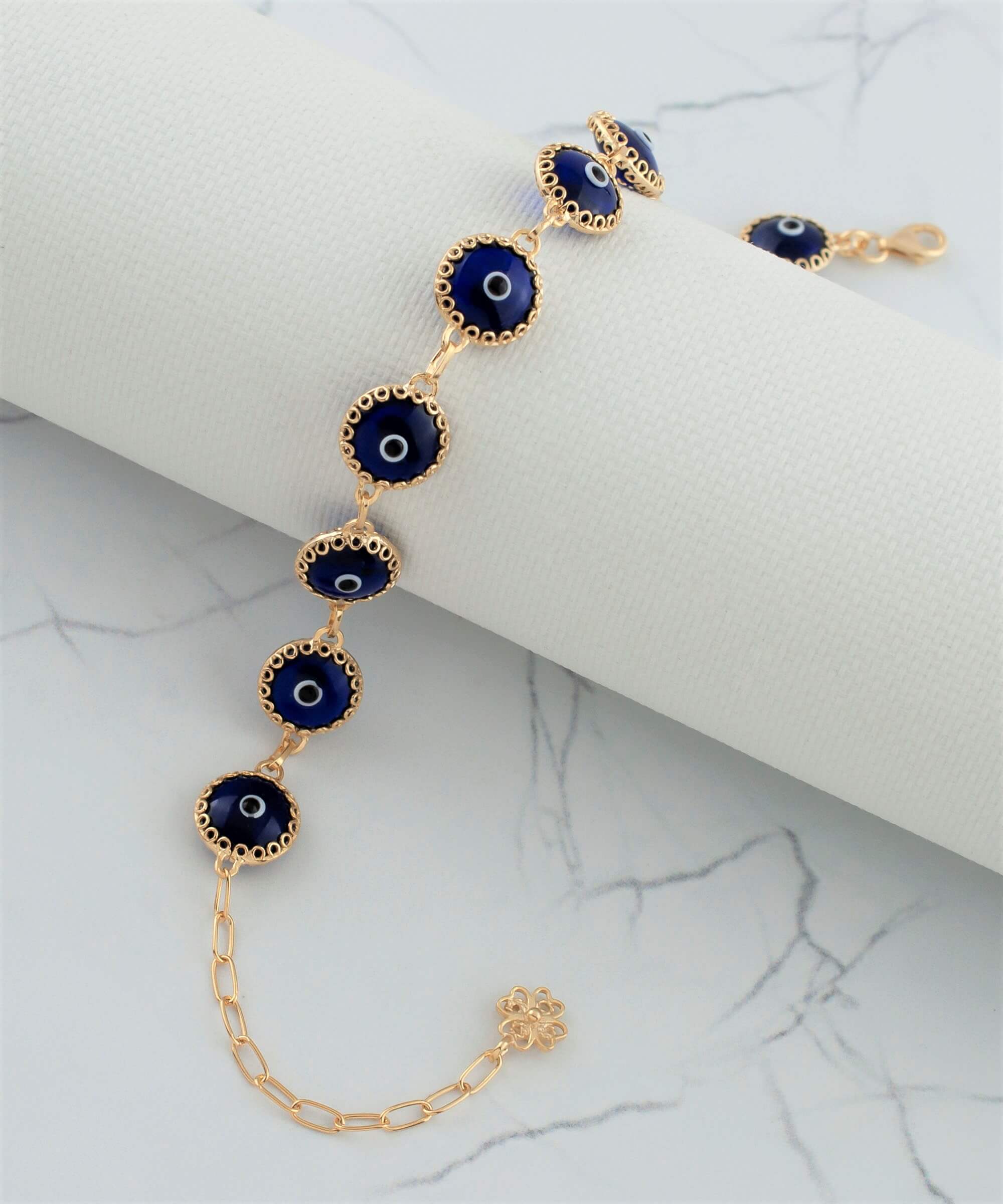 10 Beads Dark Blue Evil Eye Women Gold Plated Silver Link Bracelet