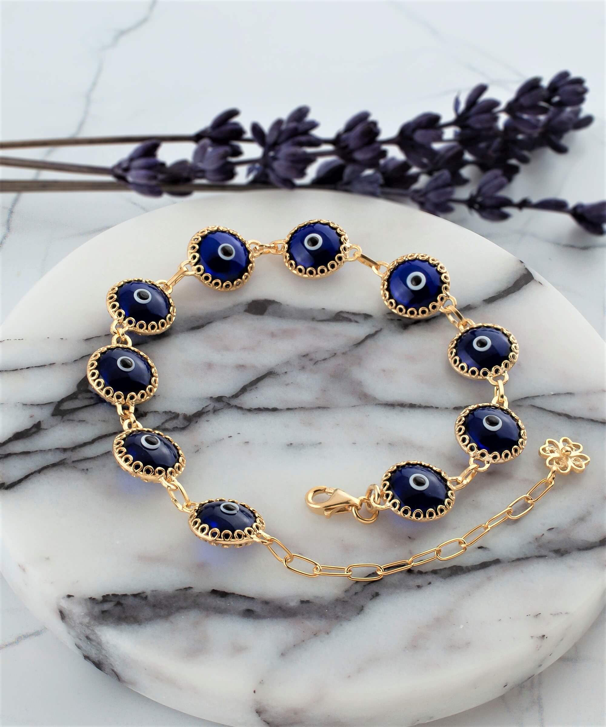 10 Beads Dark Blue Evil Eye Women Gold Plated Silver Link Bracelet