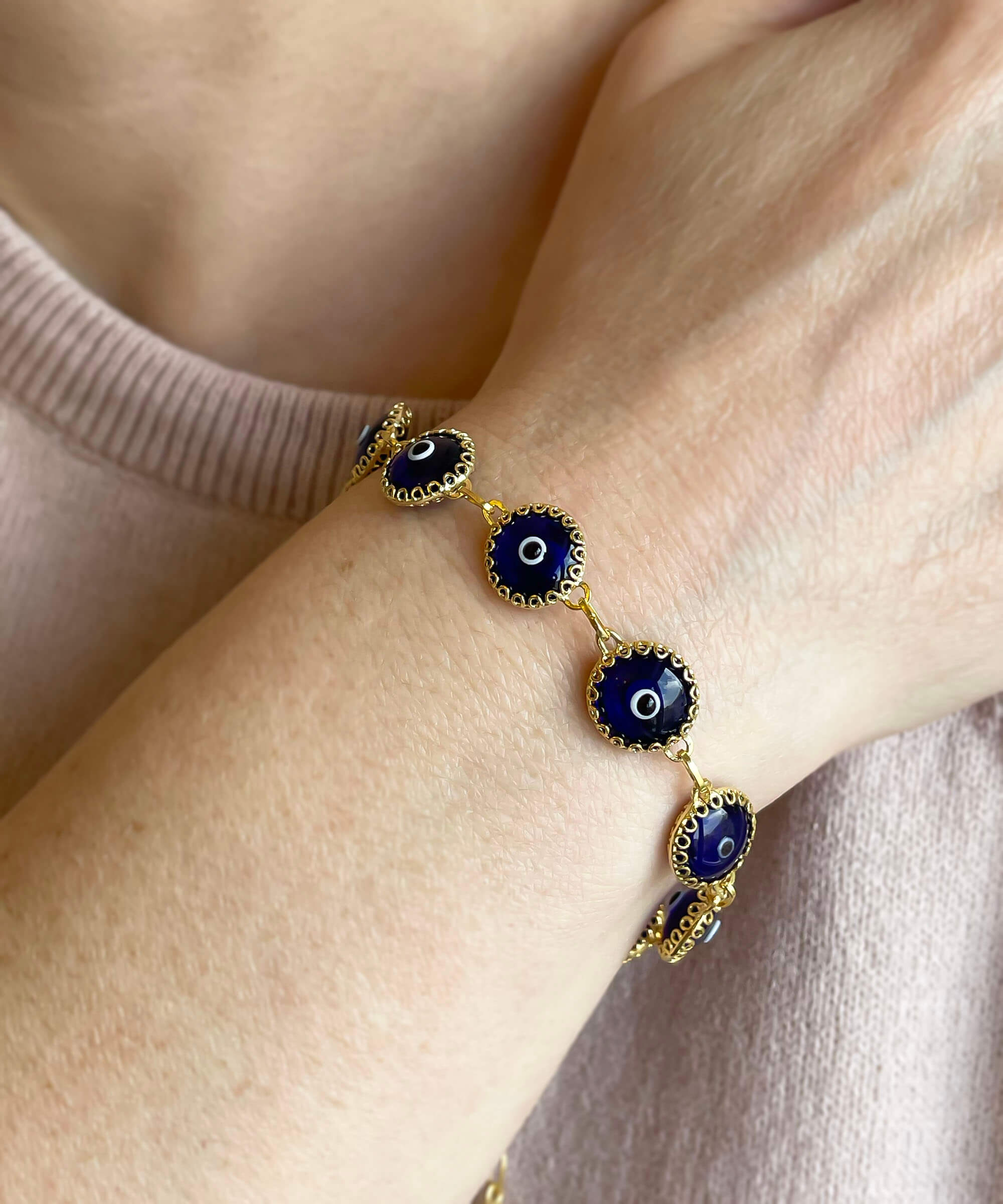 10 Beads Dark Blue Evil Eye Women Gold Plated Silver Link Bracelet