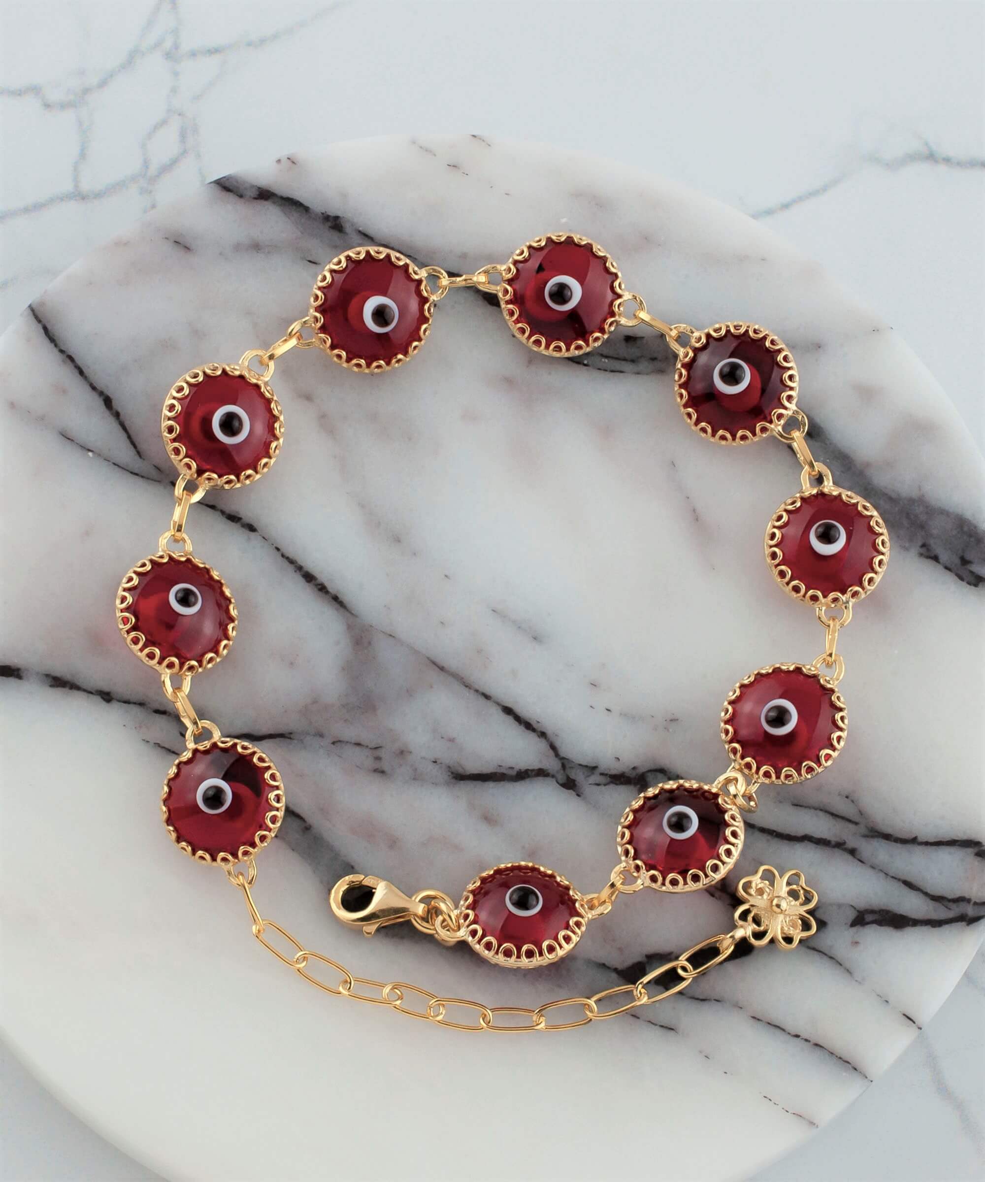 10 Beads Red Evil Eye Women Gold Plated Silver Link Bracelet