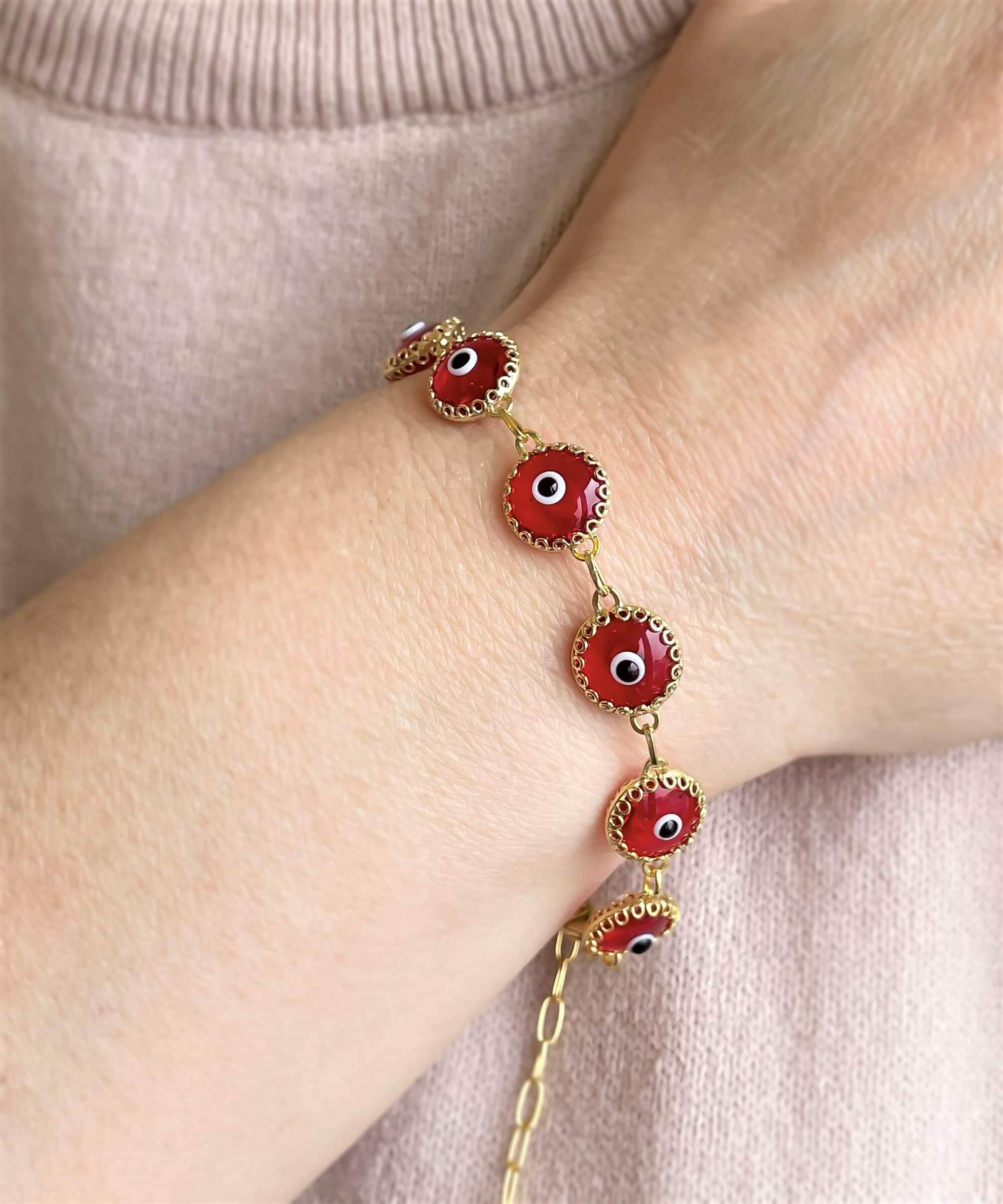 10 Beads Red Evil Eye Women Gold Plated Silver Link Bracelet