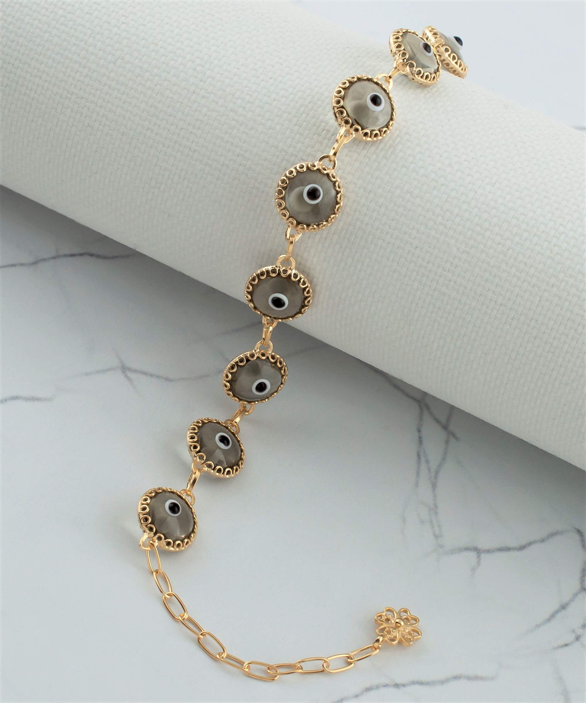 10 Beads Smokey Evil Eye Women Gold Plated Silver Link Bracelet