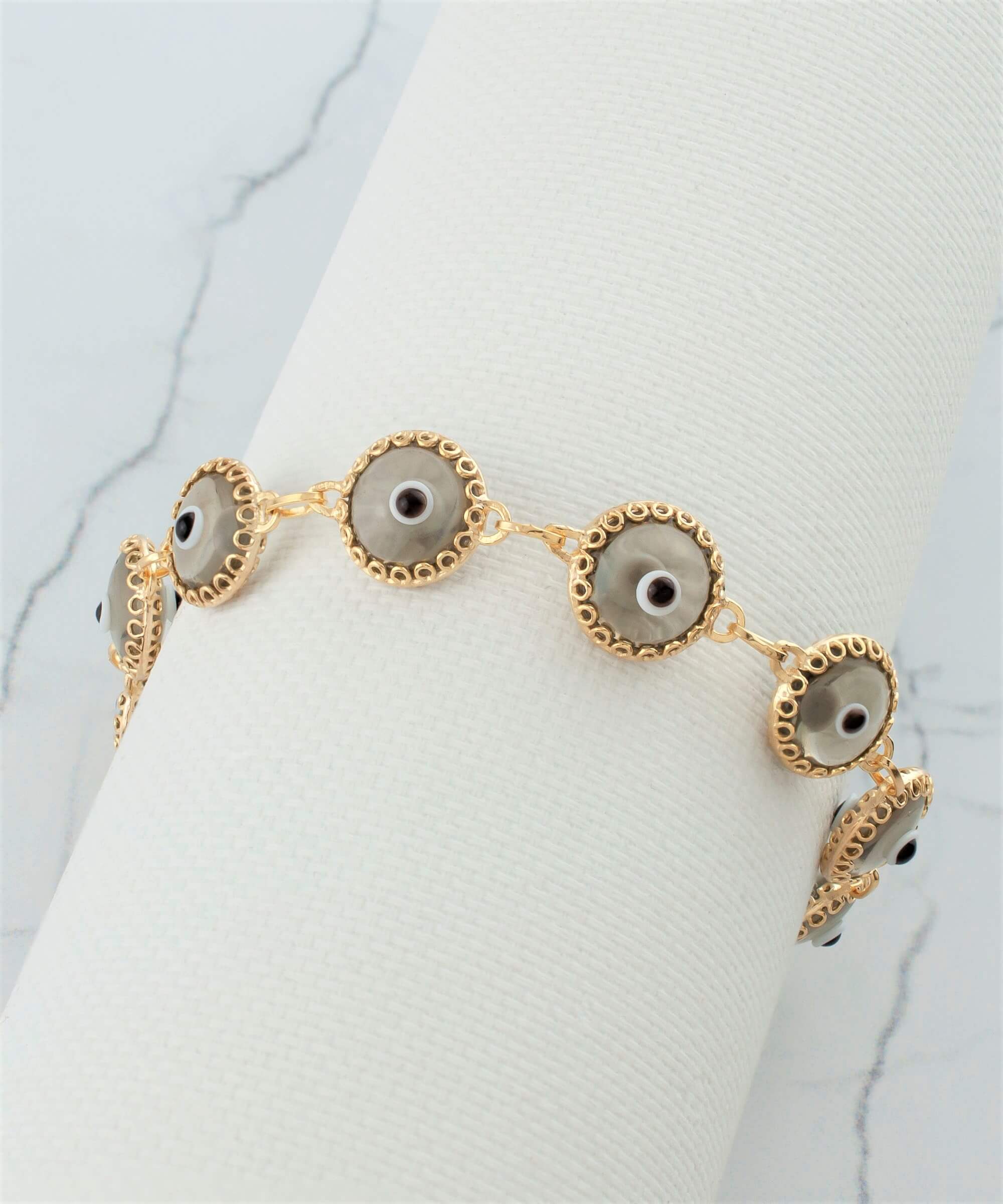 10 Beads Smokey Evil Eye Women Gold Plated Silver Link Bracelet