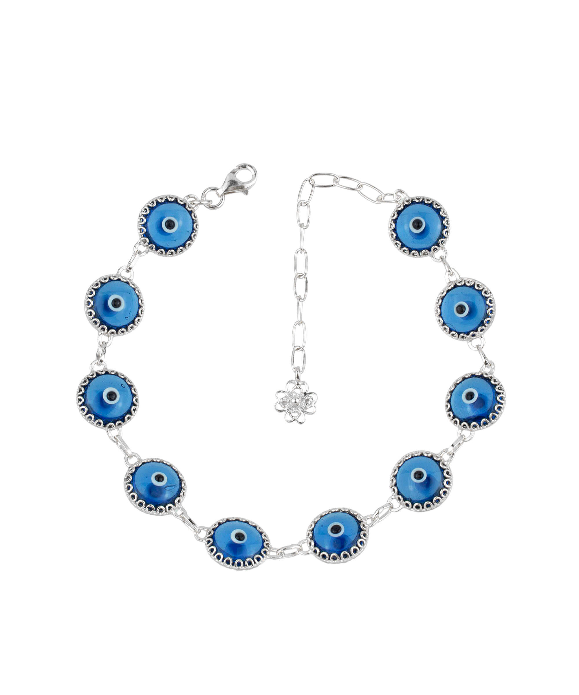 10 Beads Blue Evil Eye Women Silver Link Bracelet