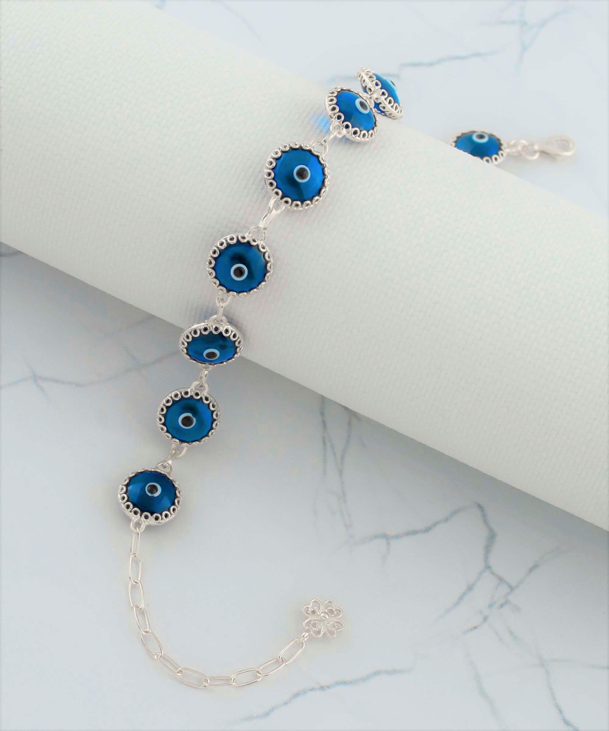 10 Beads Blue Evil Eye Women Silver Link Bracelet