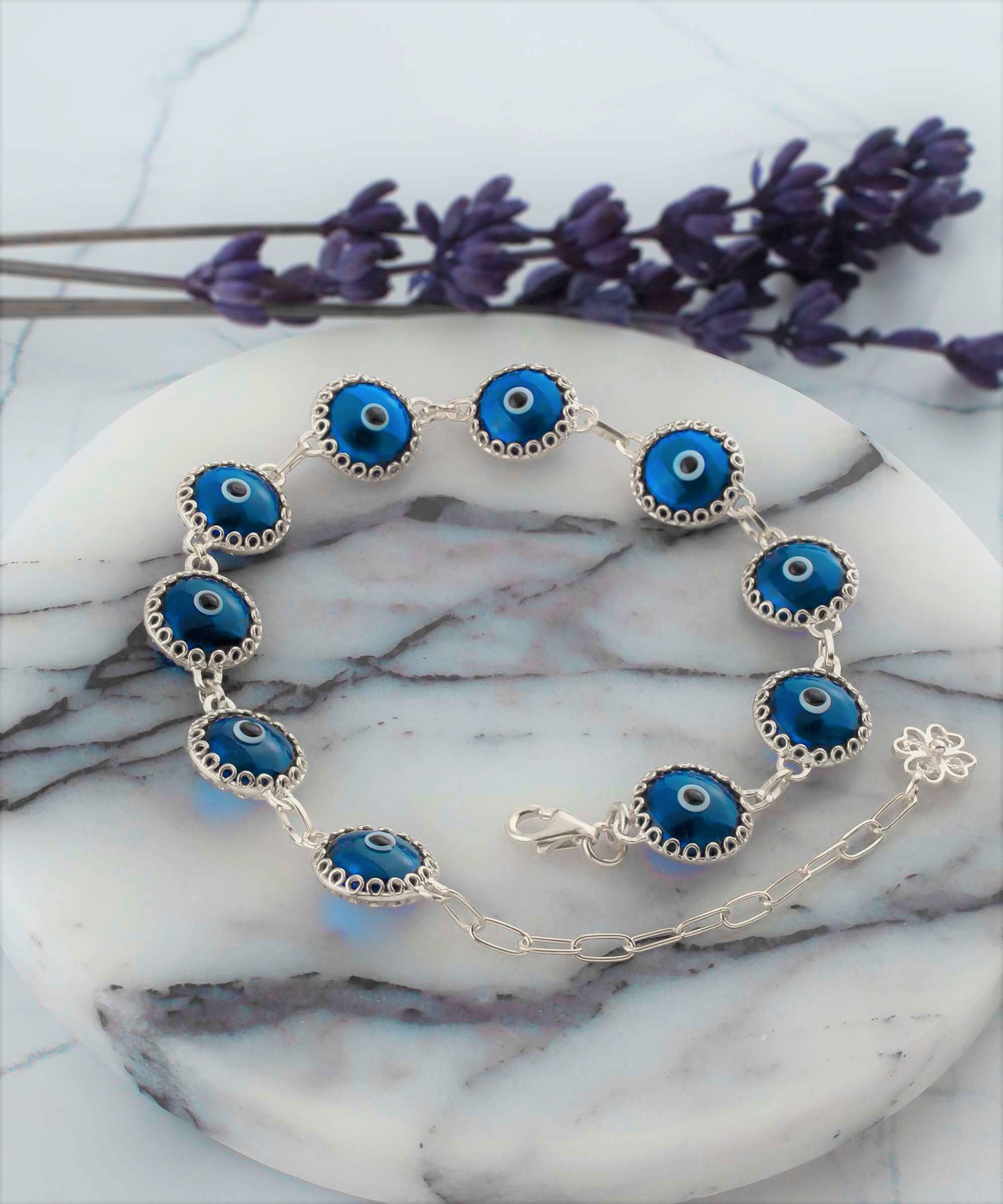 10 Beads Blue Evil Eye Women Silver Link Bracelet