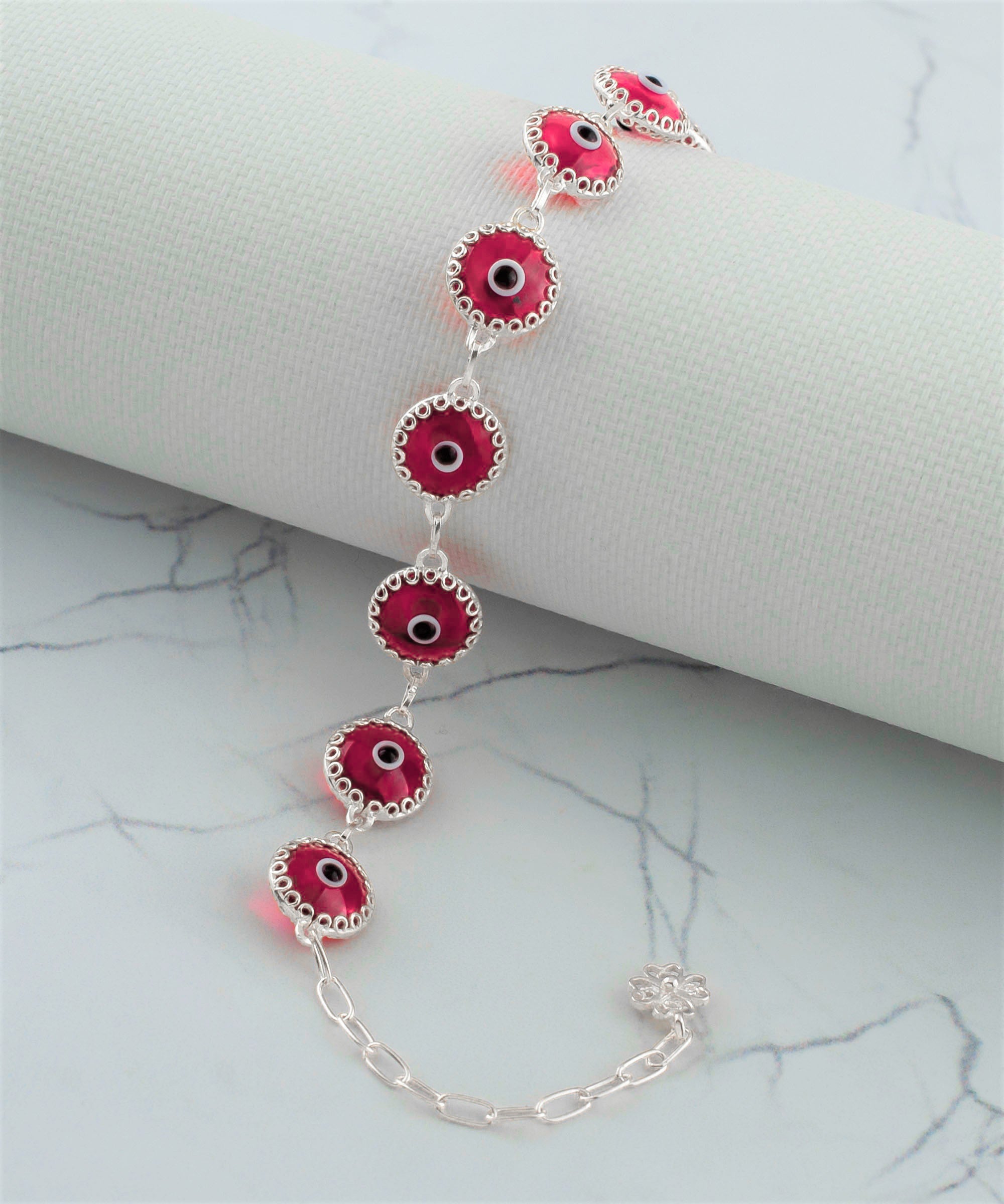 10 Beads Scarlet Evil Eye Women Silver Link Bracelet