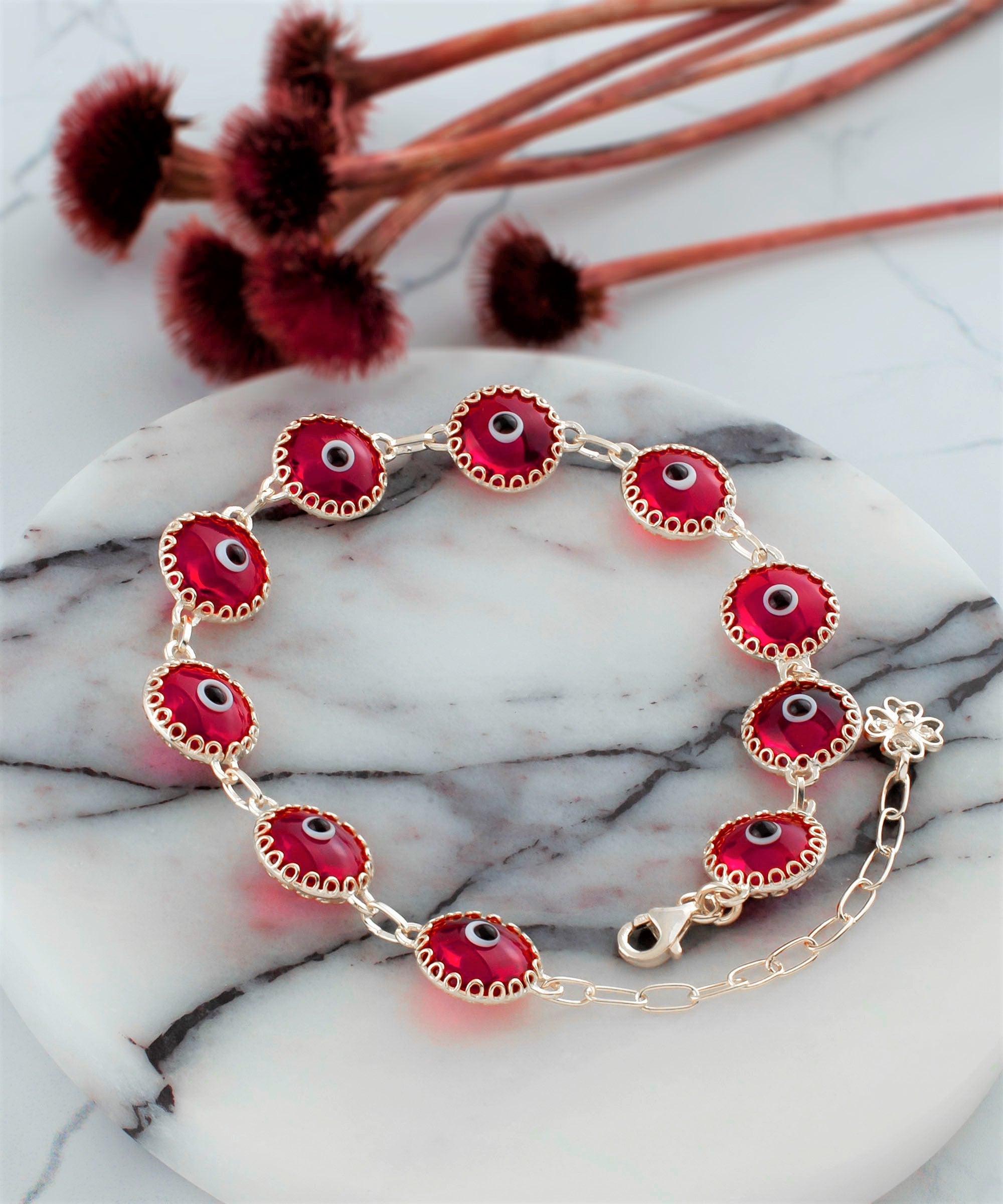 10 Beads Scarlet Evil Eye Women Silver Link Bracelet