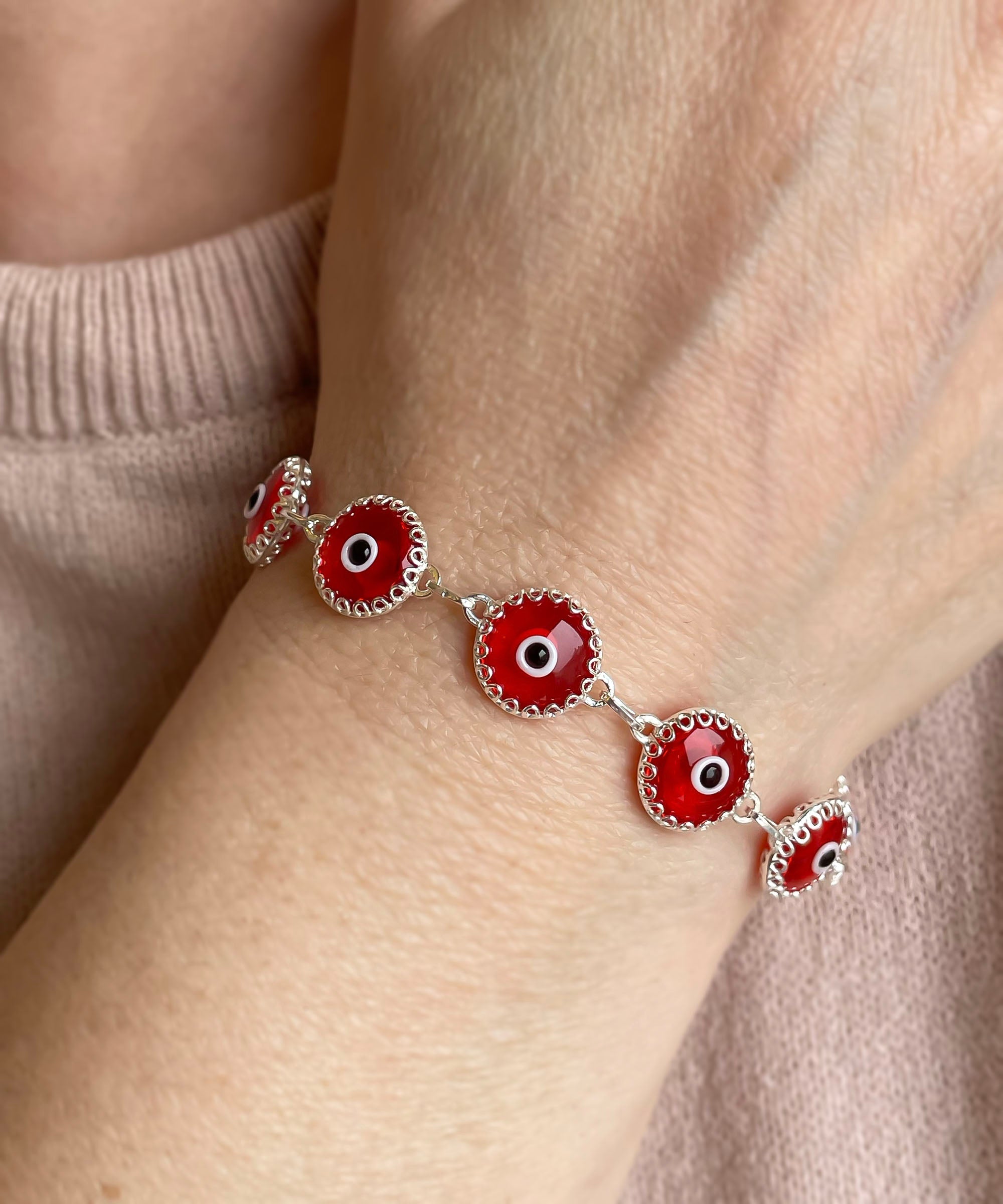 10 Beads Scarlet Evil Eye Women Silver Link Bracelet