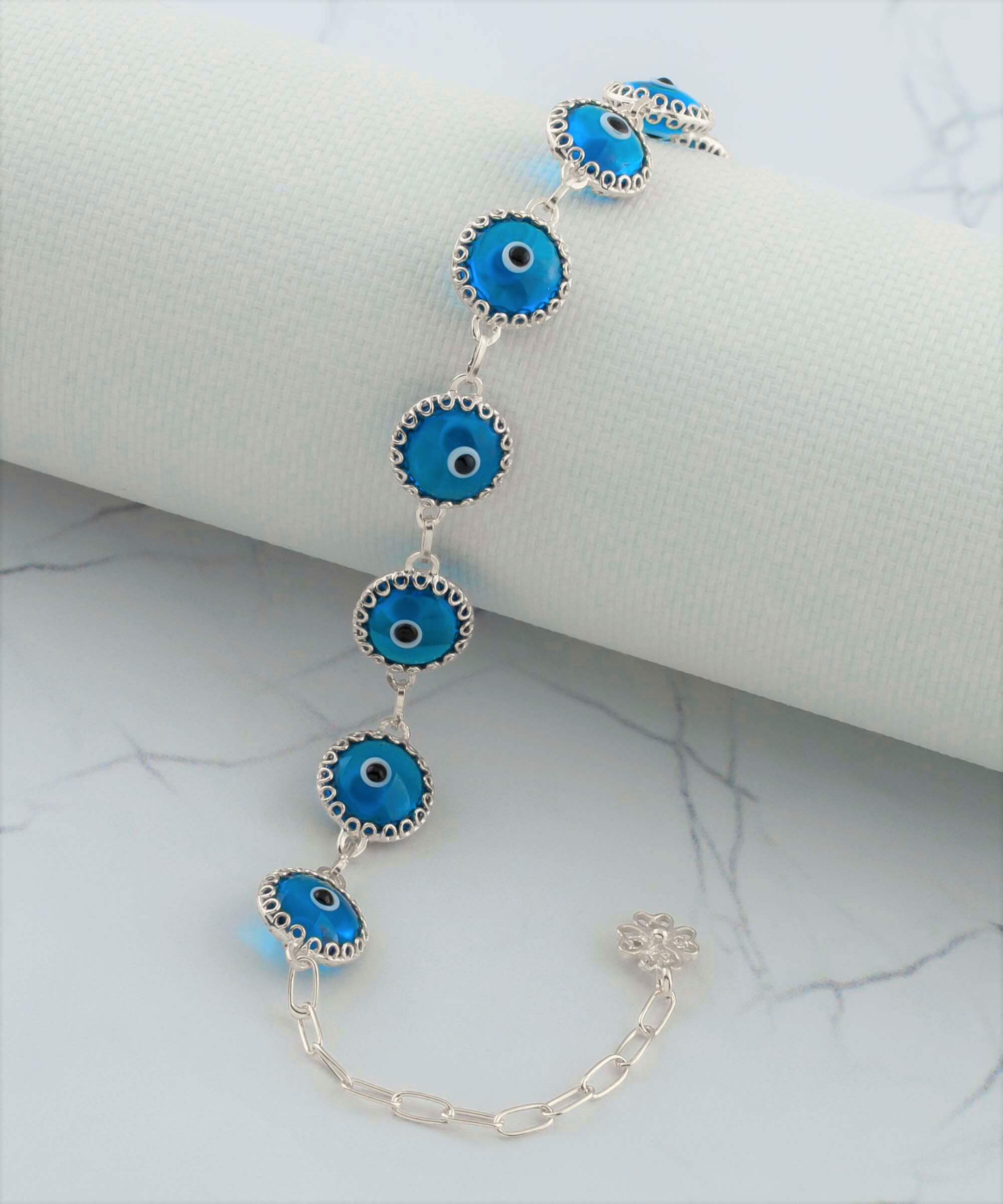 10 Beads Lapis Blue Evil Eye Women Silver Link Bracelet