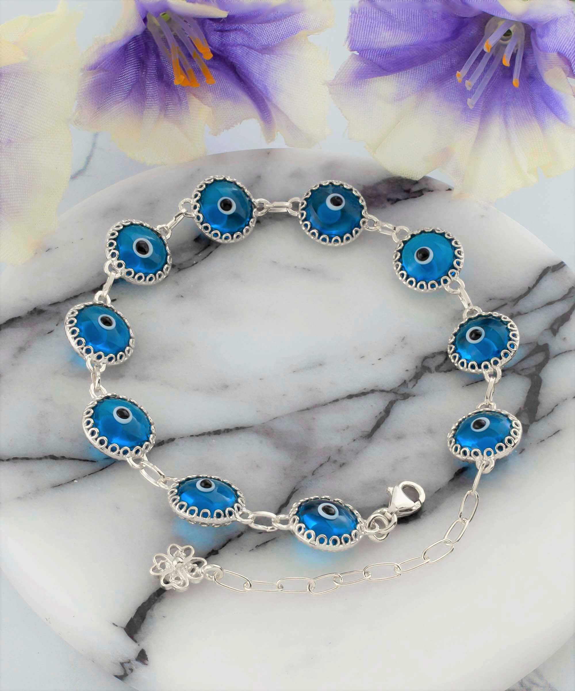 10 Beads Lapis Blue Evil Eye Women Silver Link Bracelet