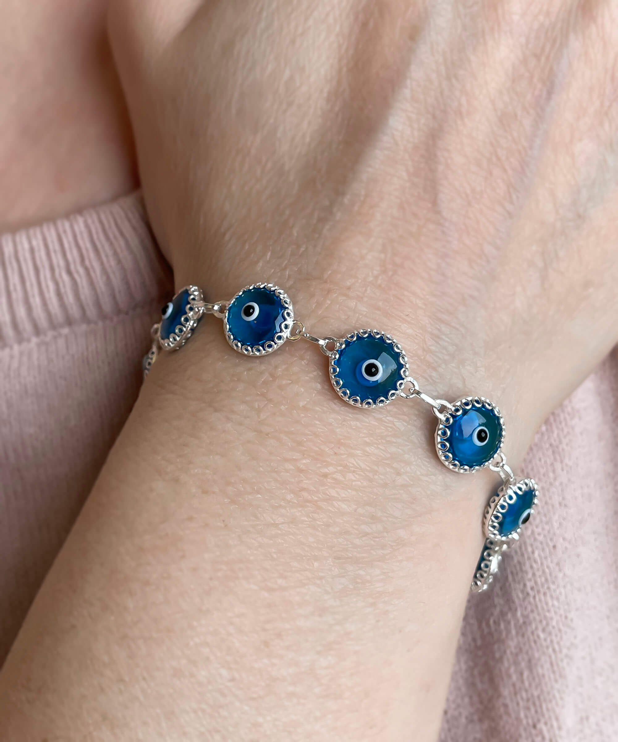 10 Beads Lapis Blue Evil Eye Women Silver Link Bracelet