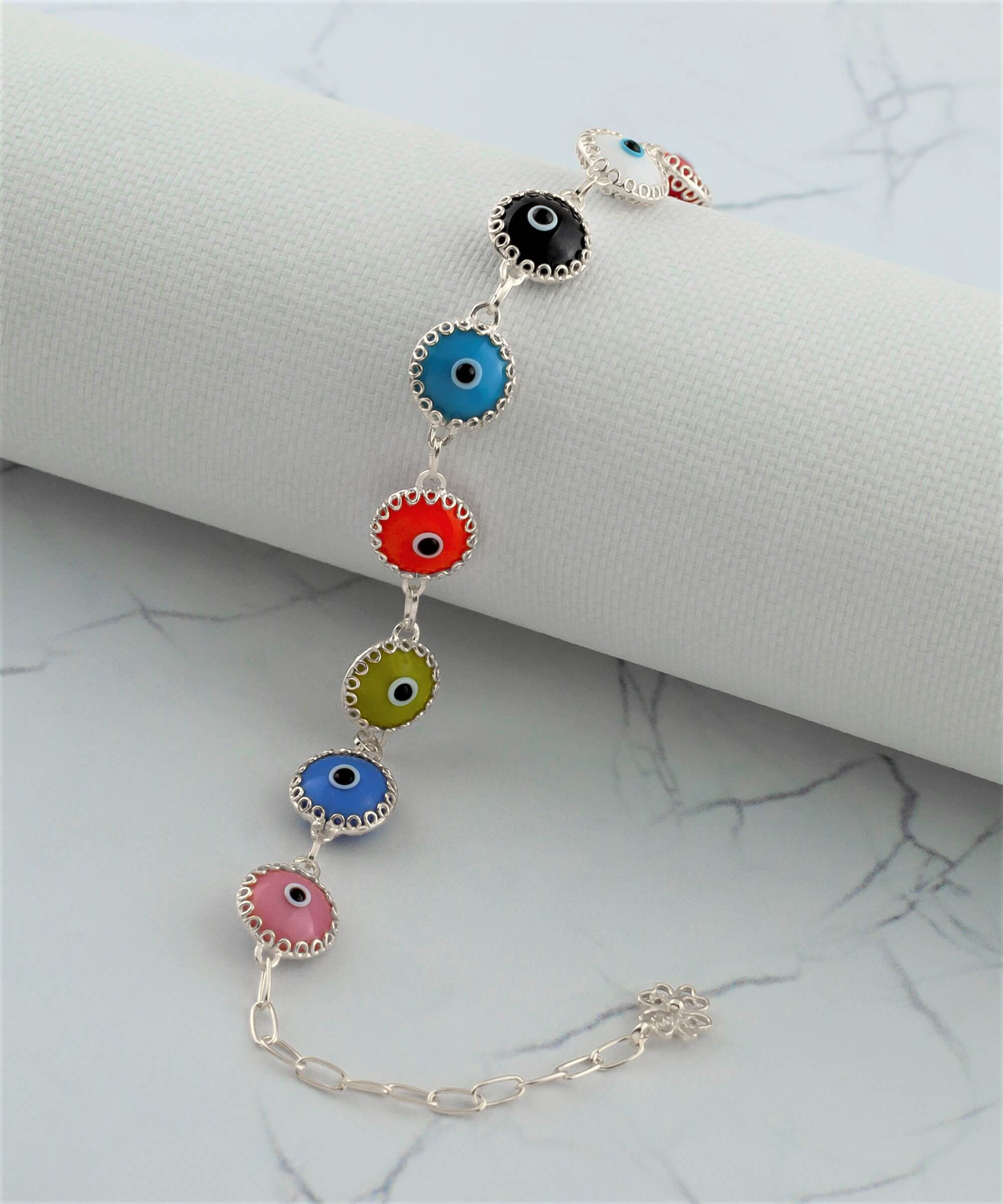 10 Beads Multi Color Evil Eye Women Silver Link Bracelet