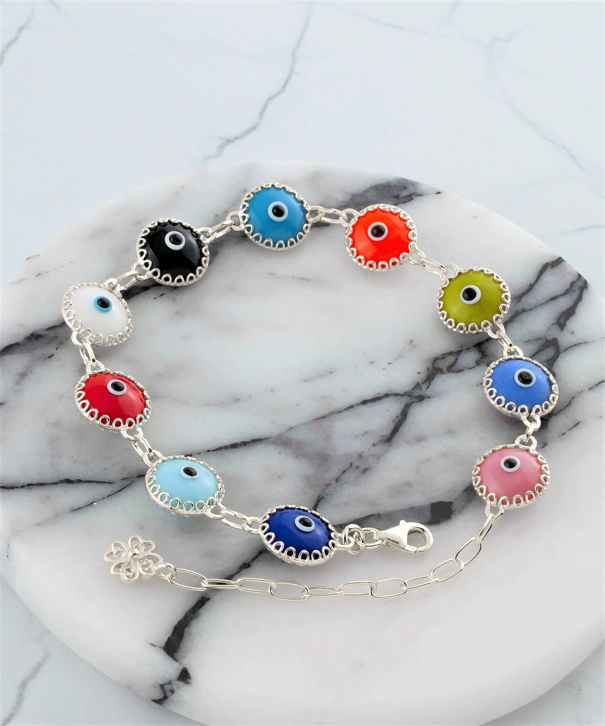 10 Beads Multi Color Evil Eye Women Silver Link Bracelet