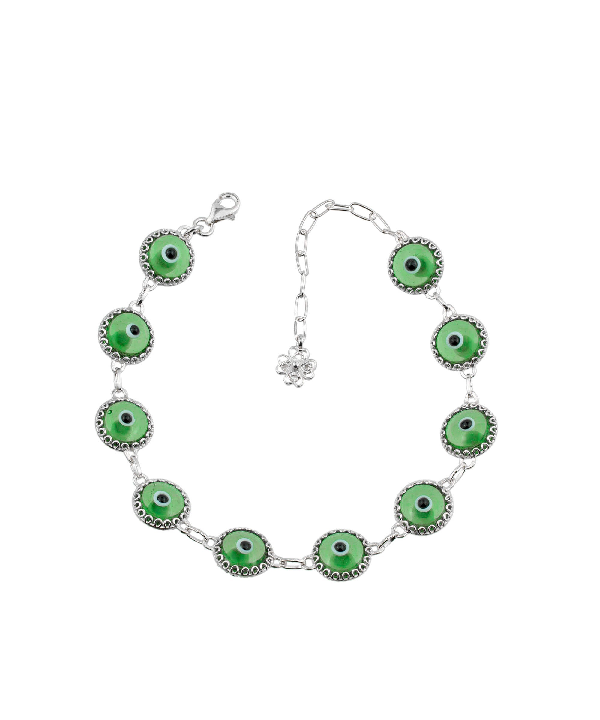 10 Beads Mint Green Evil Eye Women Silver Link Bracelet