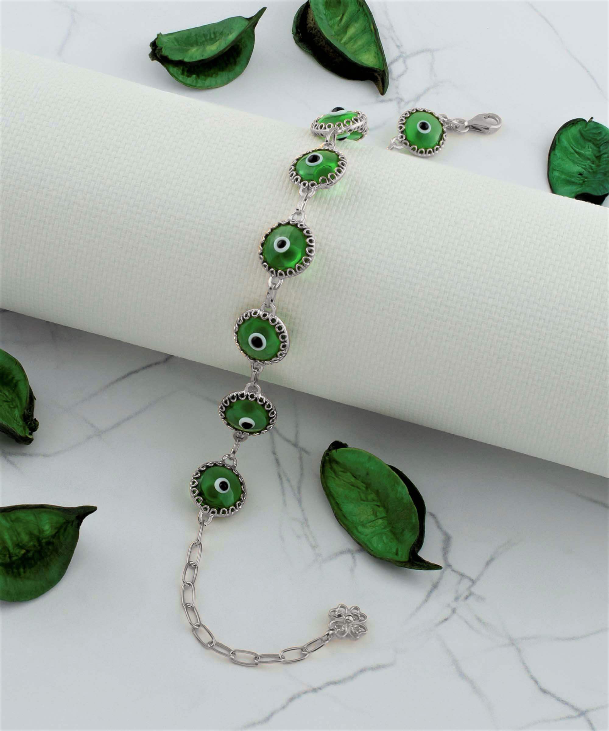 10 Beads Mint Green Evil Eye Women Silver Link Bracelet