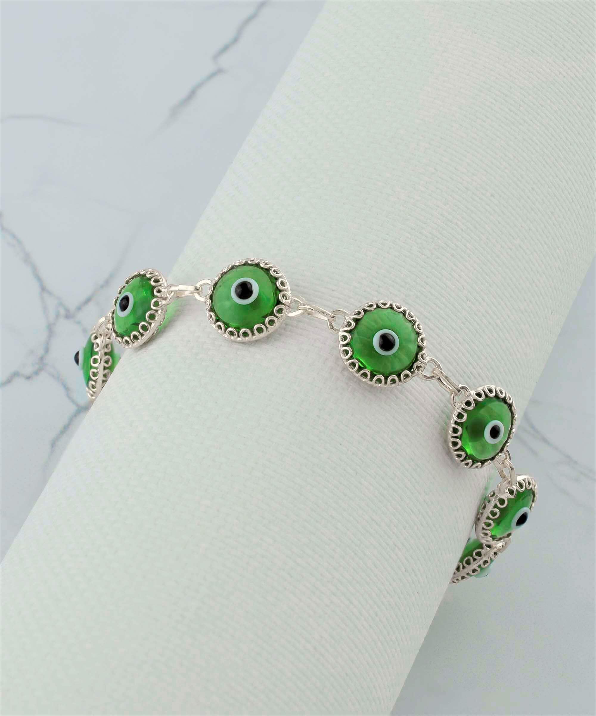 10 Beads Mint Green Evil Eye Women Silver Link Bracelet