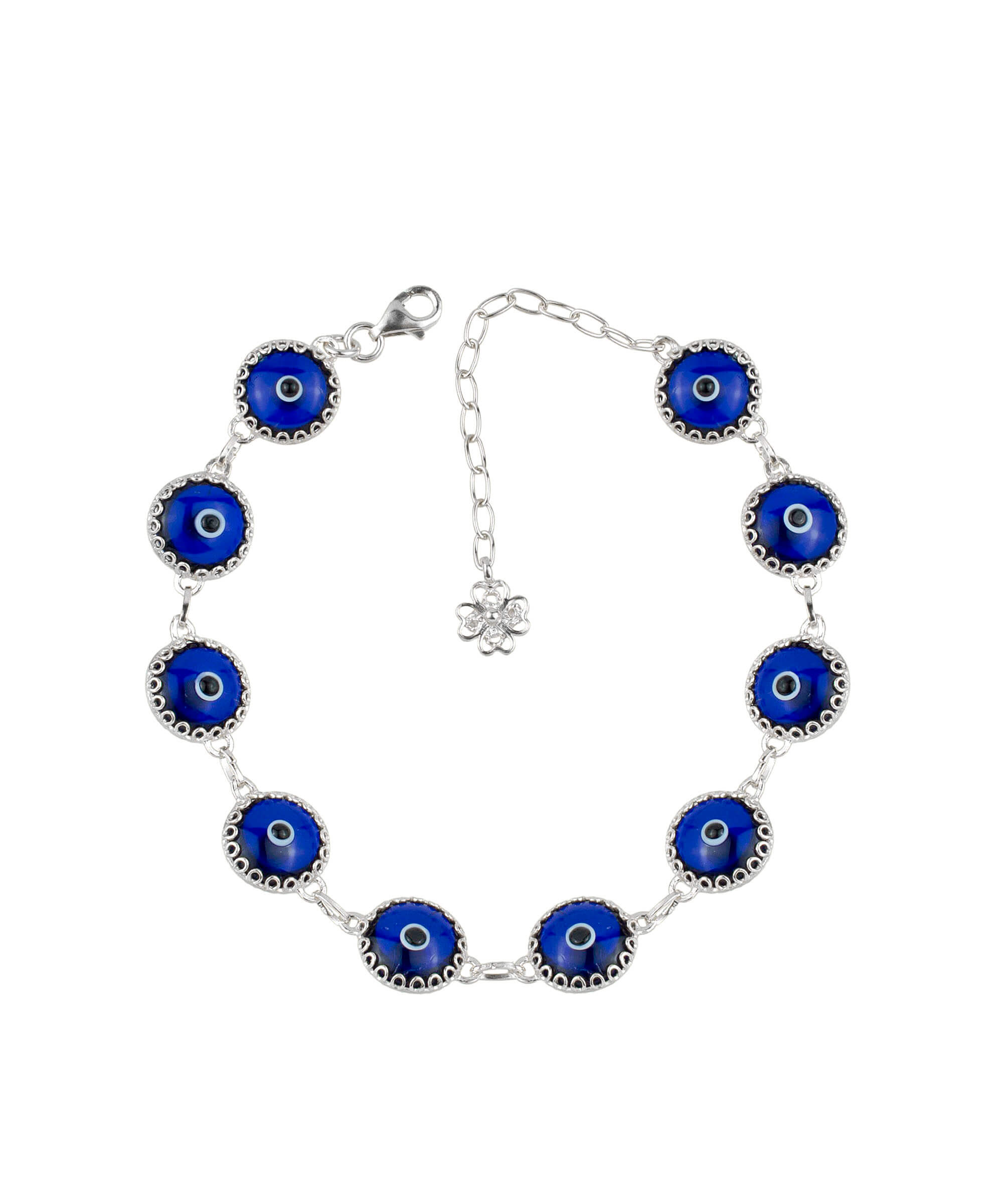 10 Beads Dark Blue Evil Eye Women Silver Link Bracelet