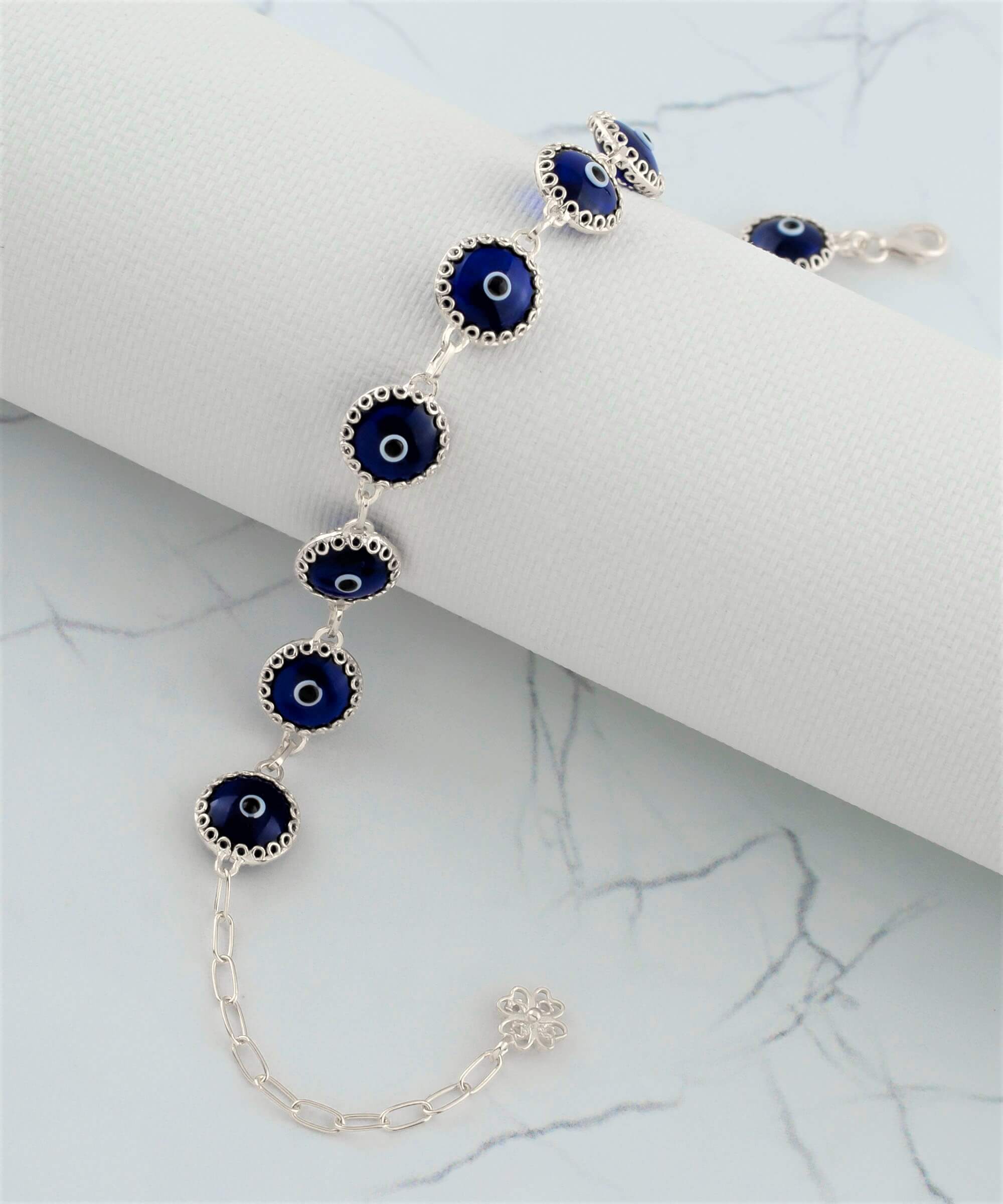 10 Beads Dark Blue Evil Eye Women Silver Link Bracelet