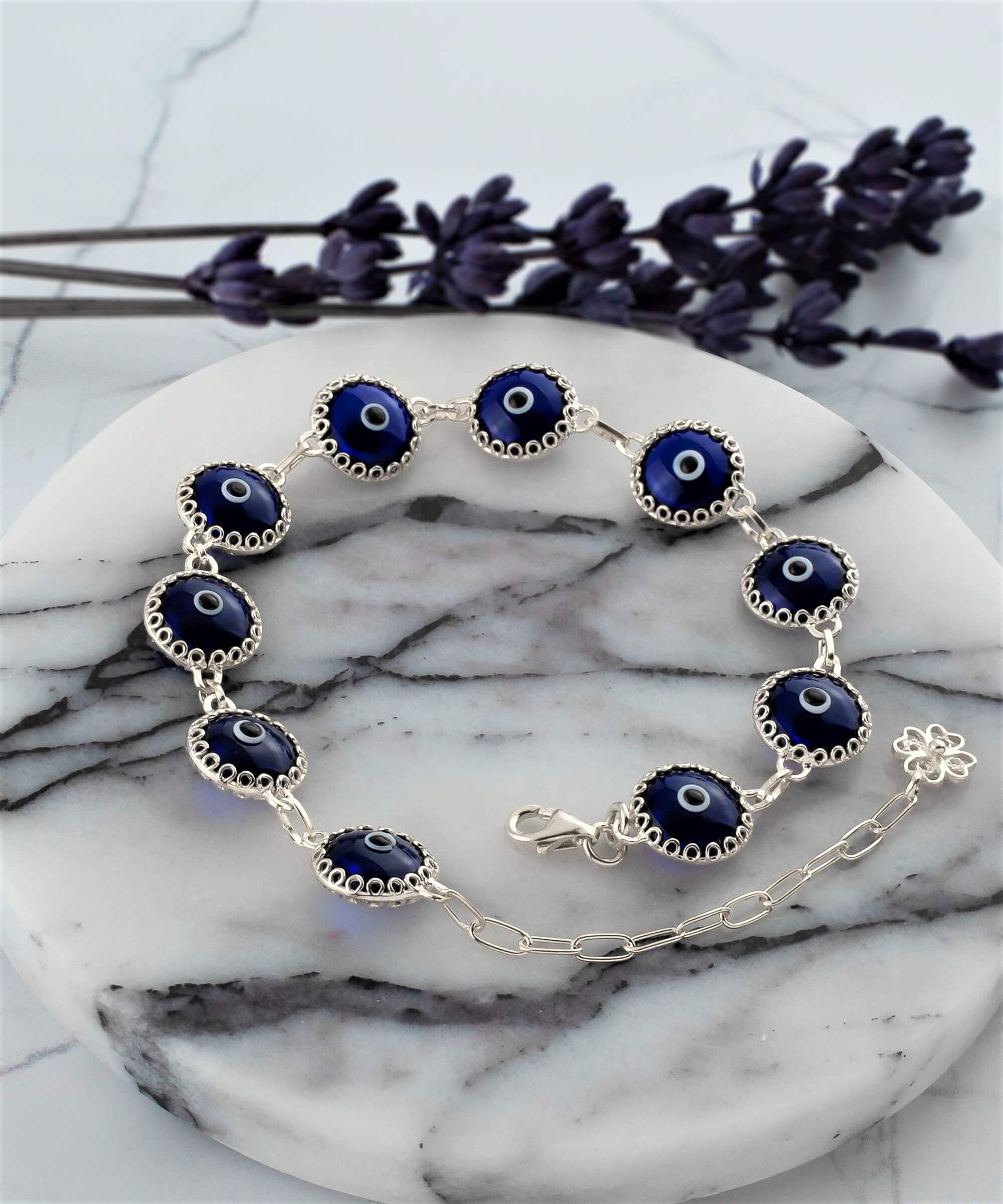 10 Beads Dark Blue Evil Eye Women Silver Link Bracelet