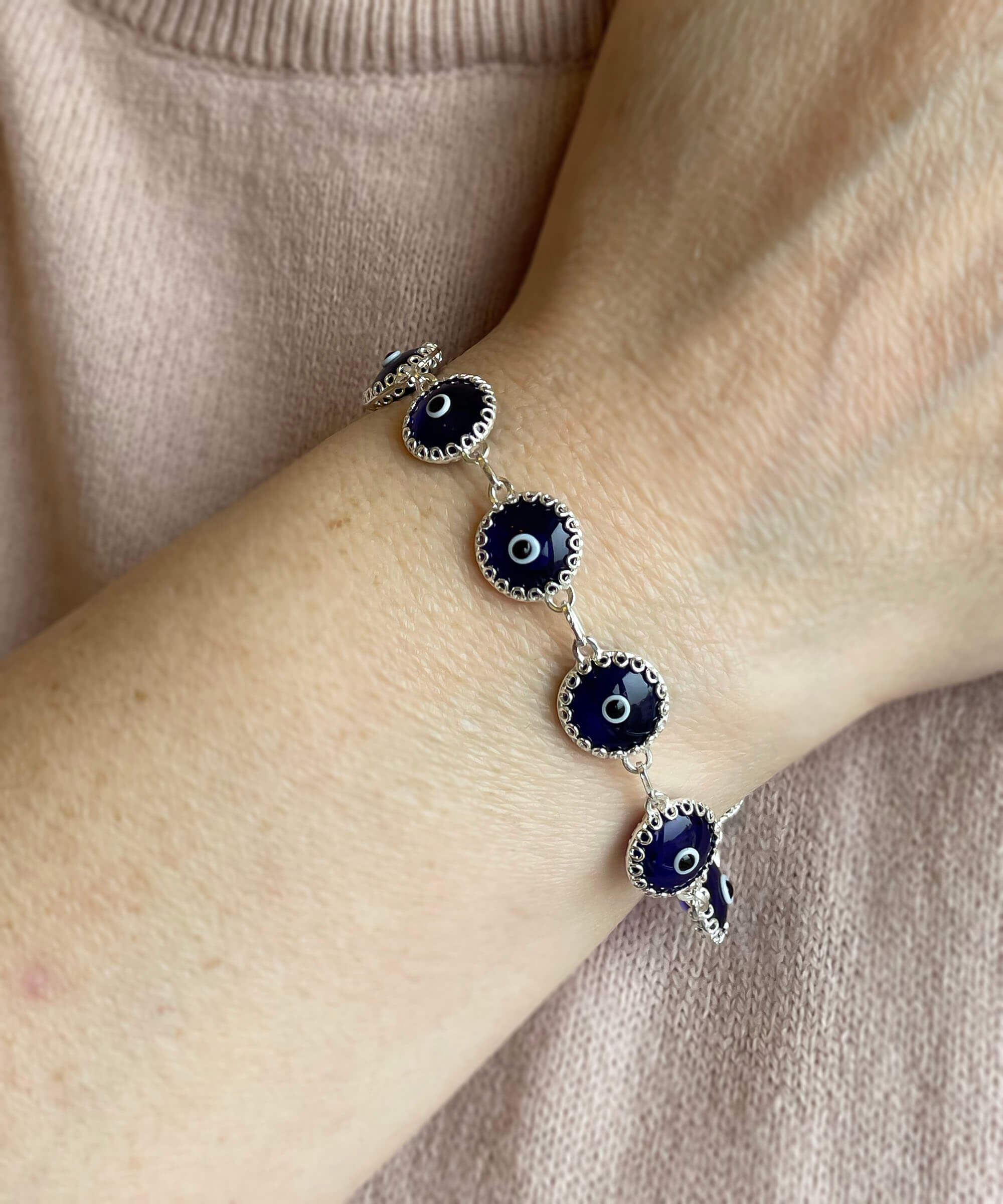 10 Beads Dark Blue Evil Eye Women Silver Link Bracelet