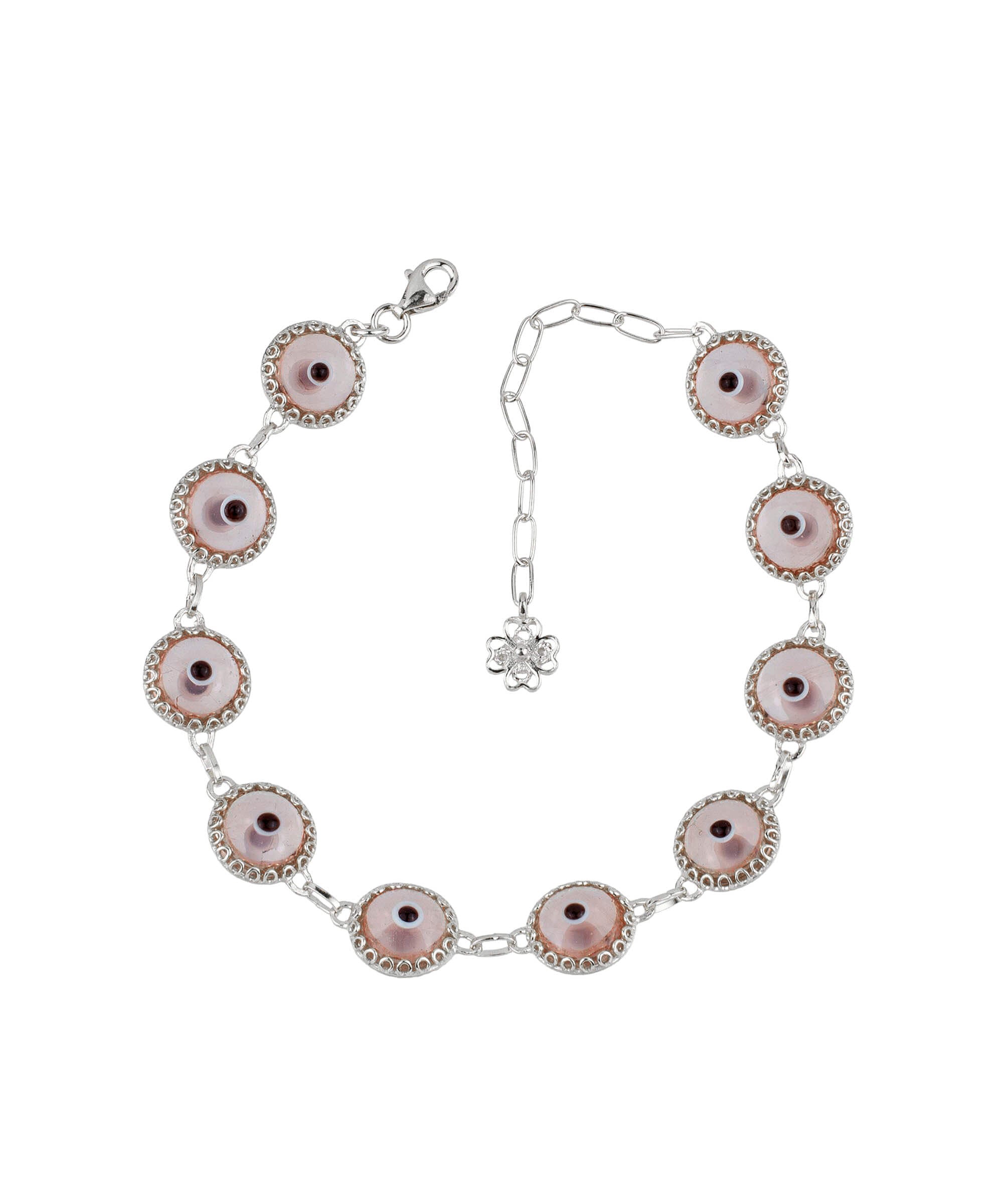 10 Beads Pink Evil Eye Women Silver Link Bracelet