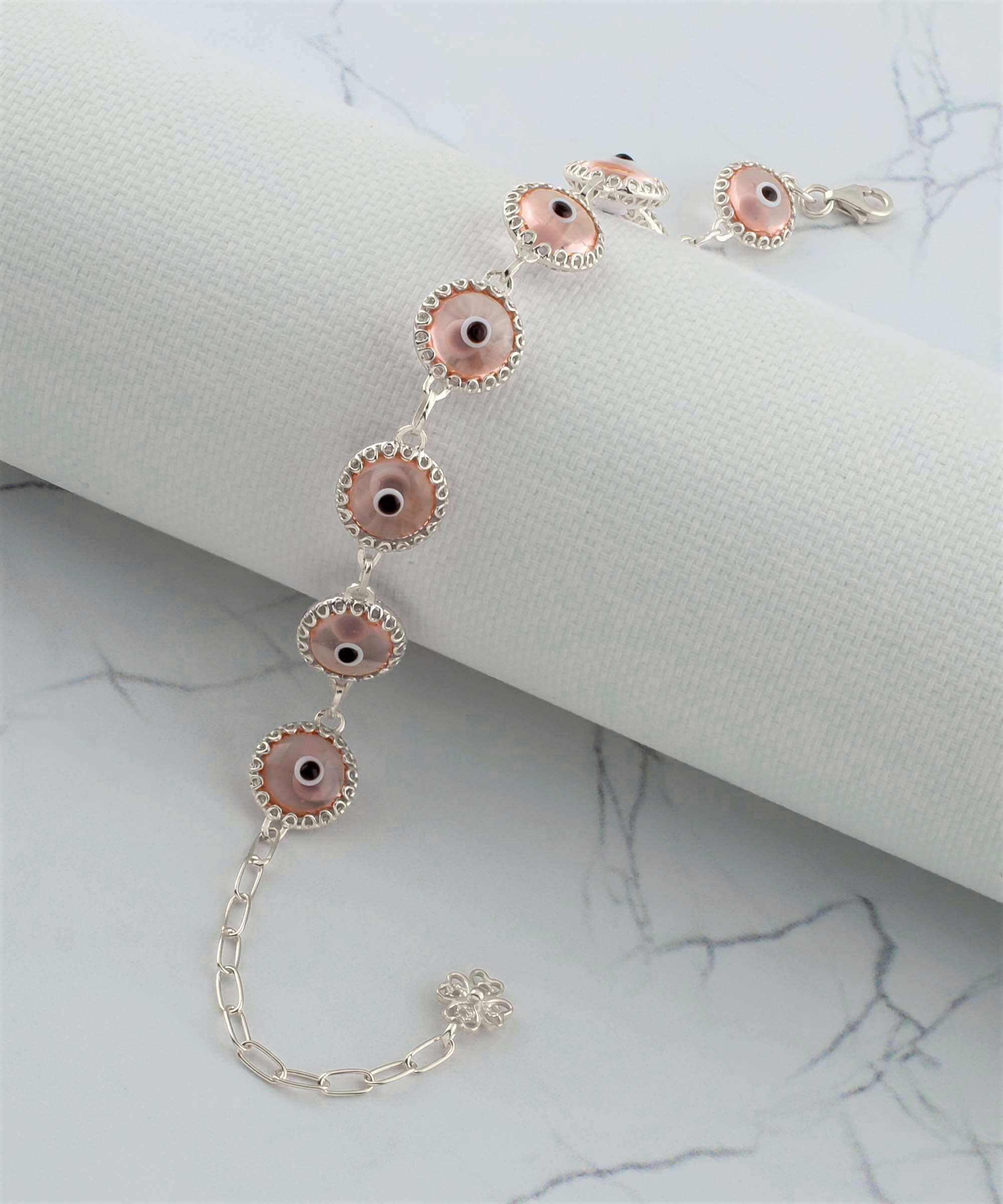 10 Beads Pink Evil Eye Women Silver Link Bracelet