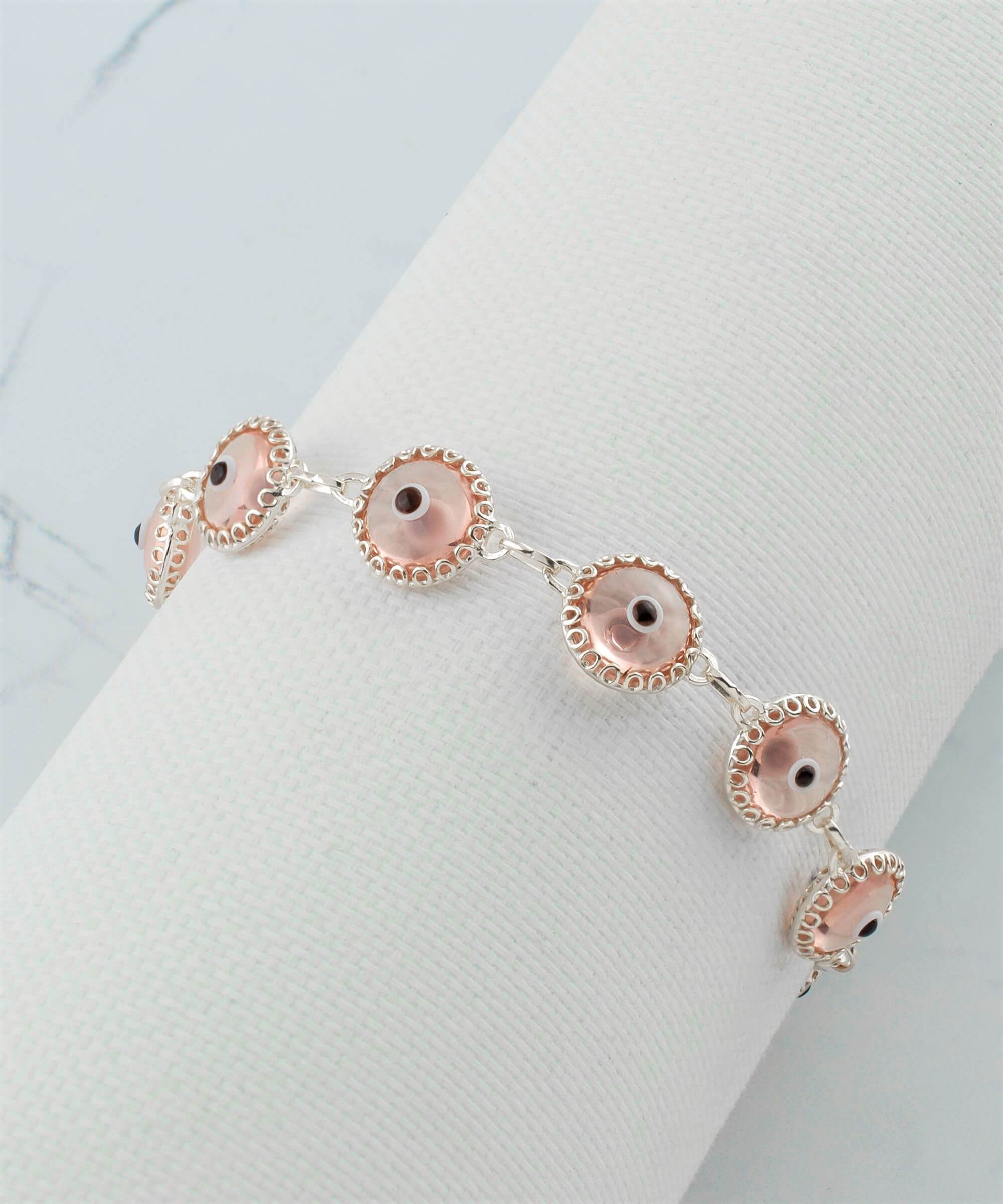 10 Beads Pink Evil Eye Women Silver Link Bracelet