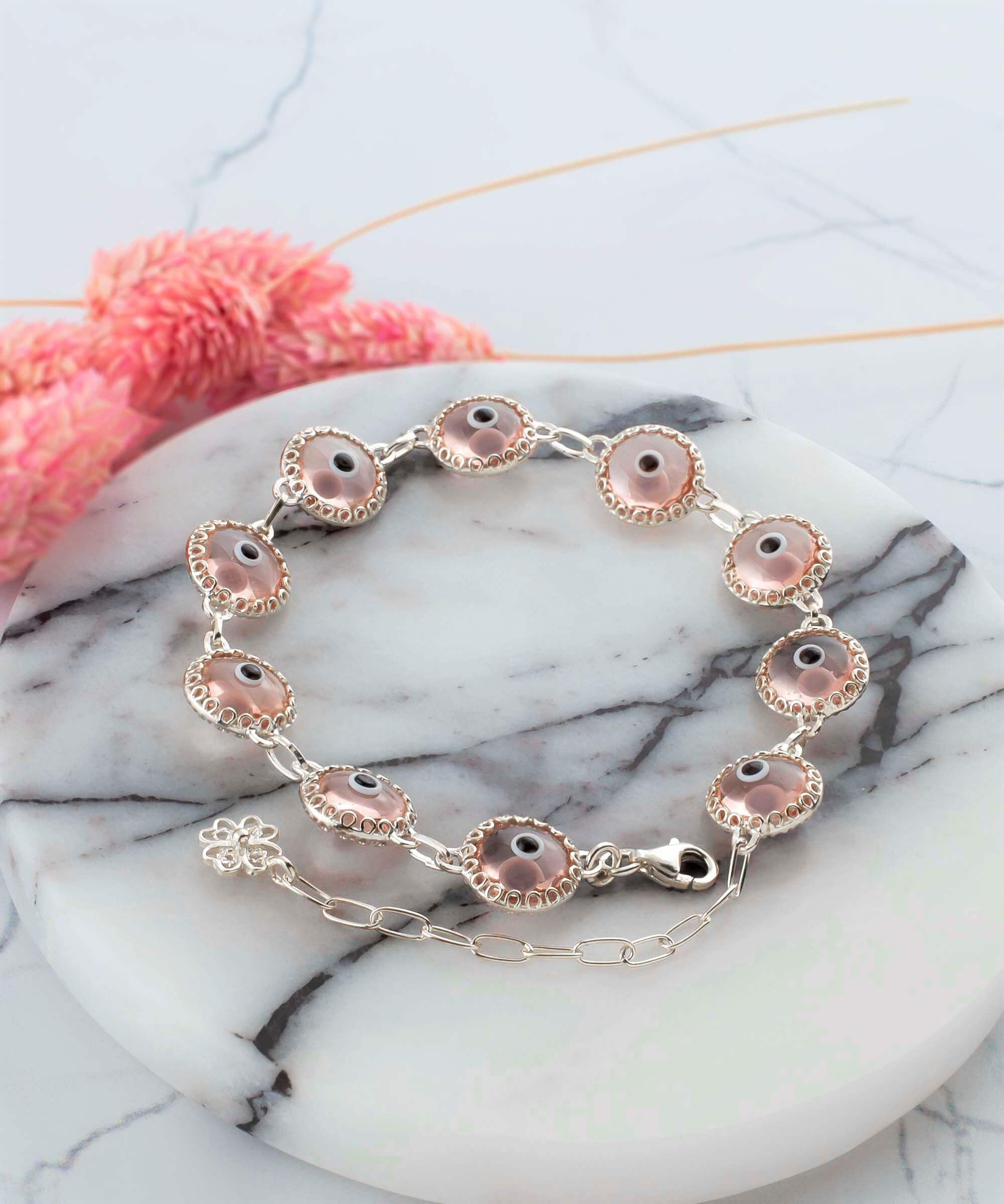 10 Beads Pink Evil Eye Women Silver Link Bracelet