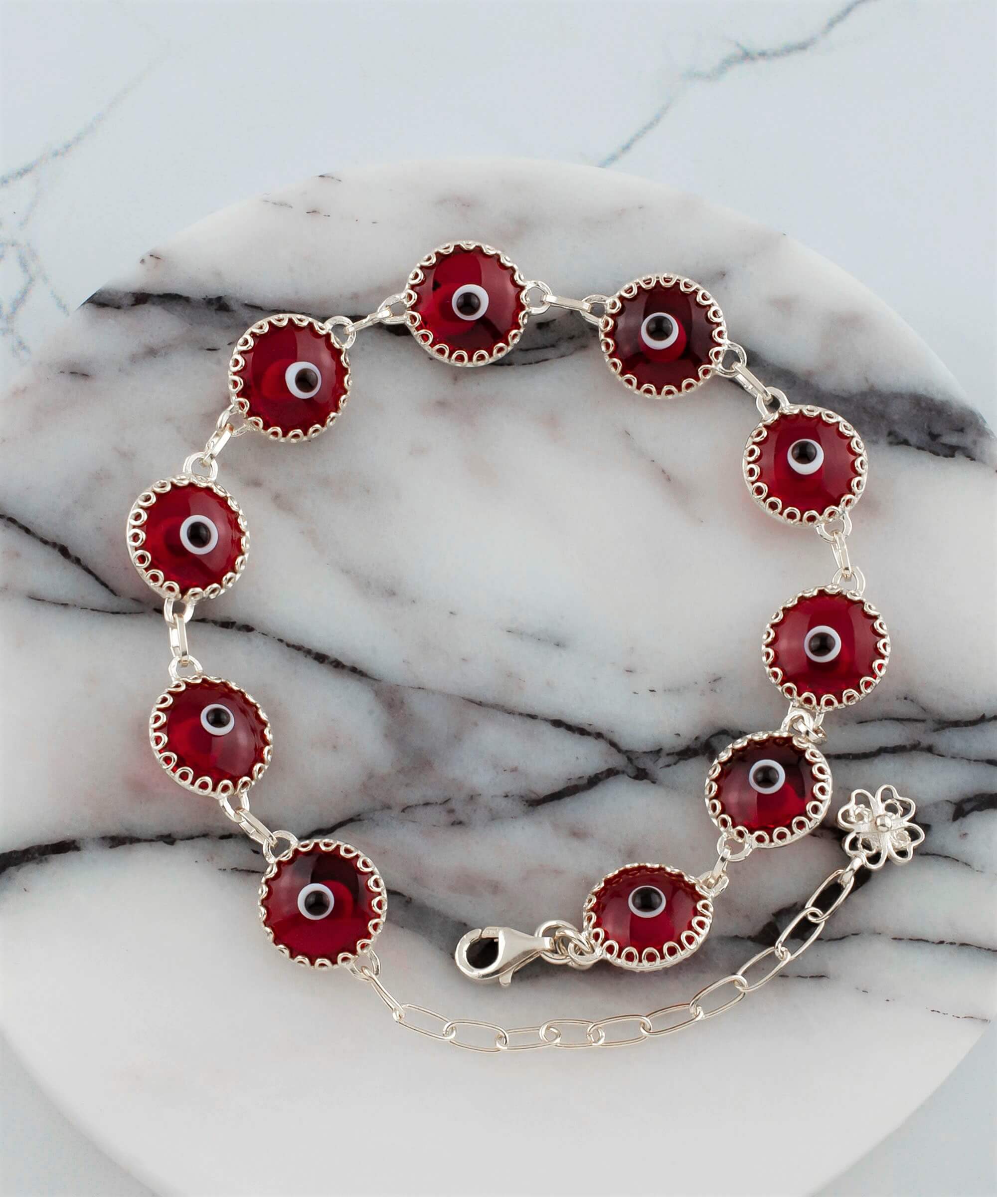 10 Beads Red Evil Eye Women Silver Link Bracelet