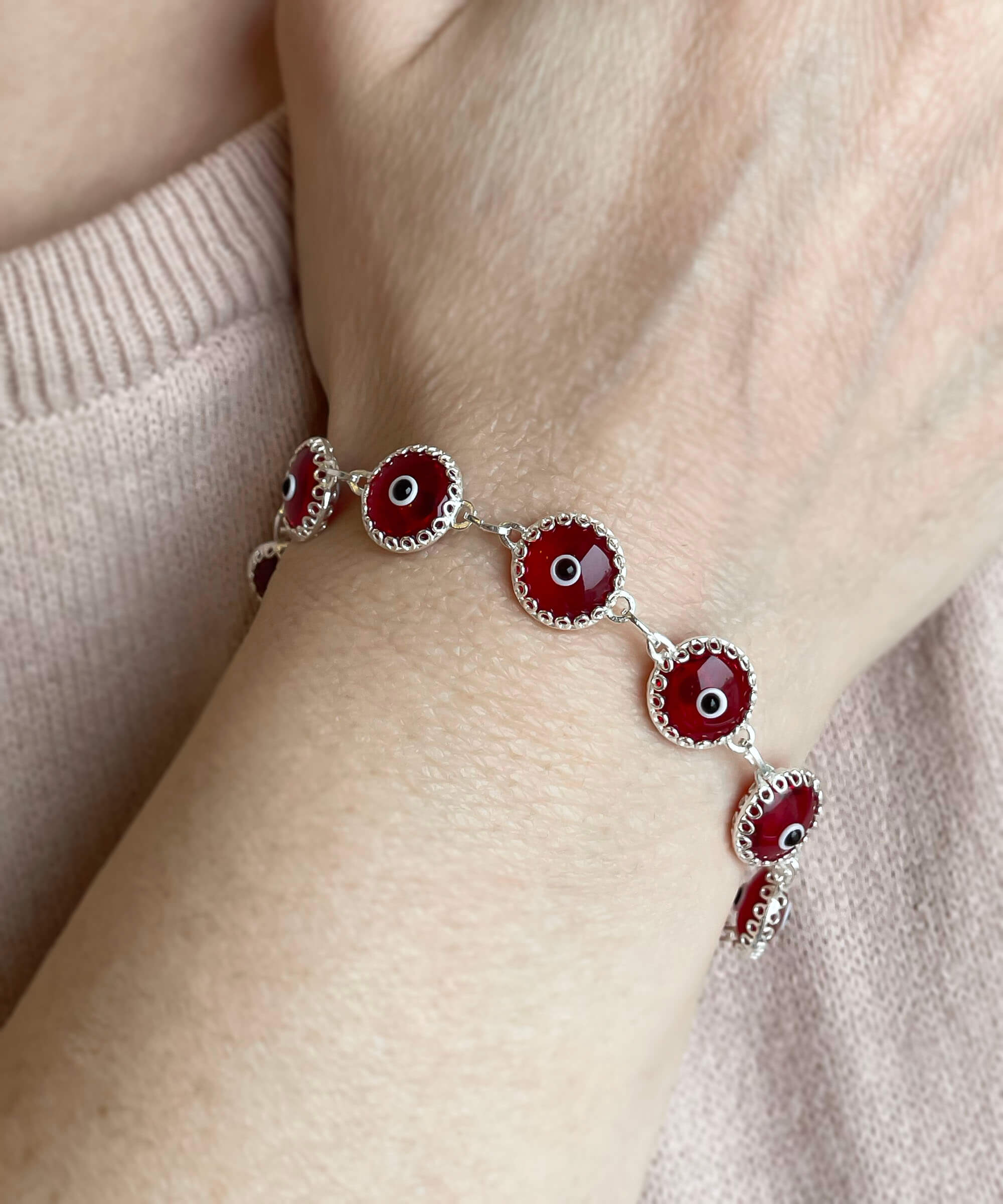 10 Beads Red Evil Eye Women Silver Link Bracelet