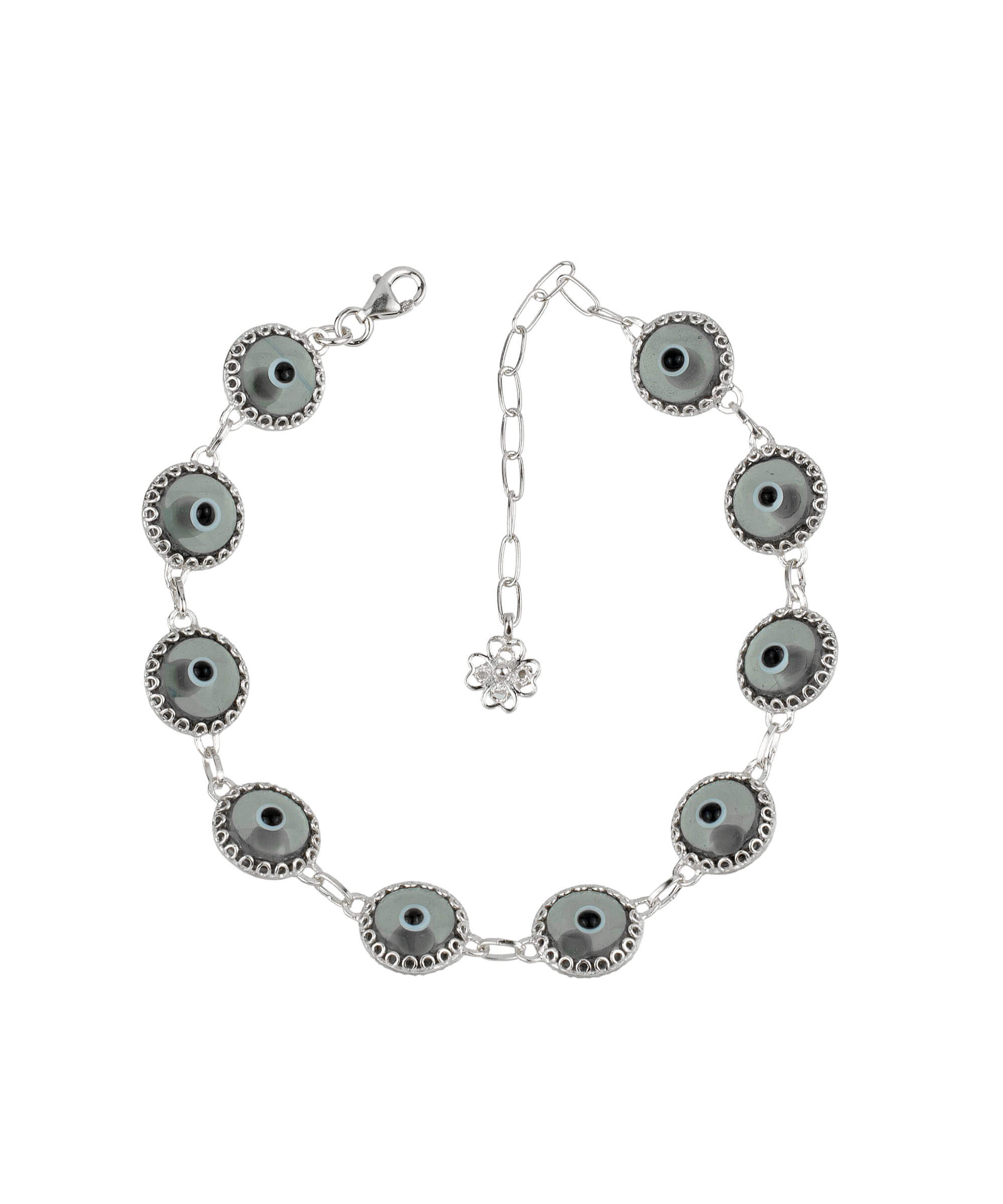 10 Beads Smokey Evil Eye Women Silver Link Bracelet