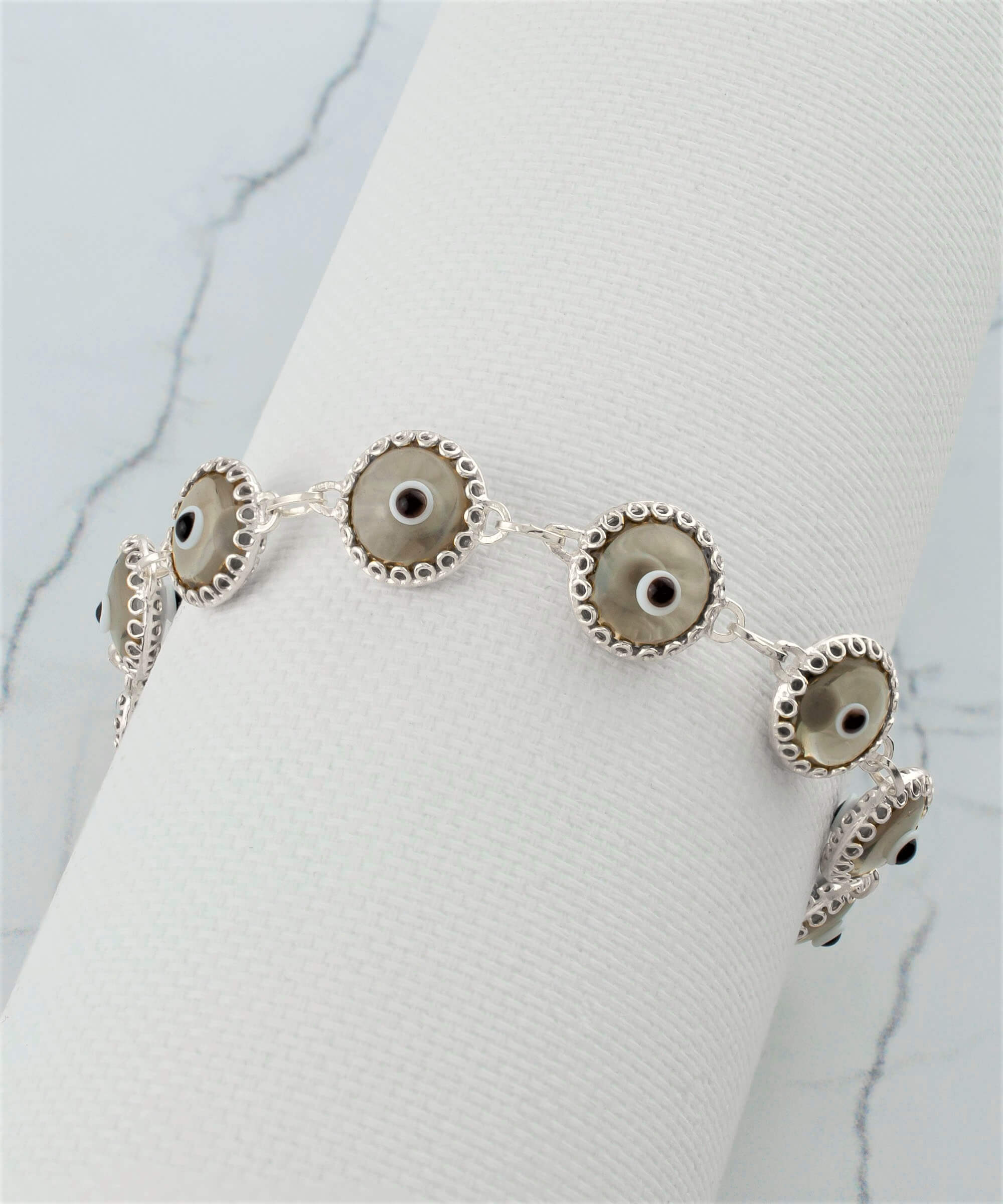 10 Beads Smokey Evil Eye Women Silver Link Bracelet