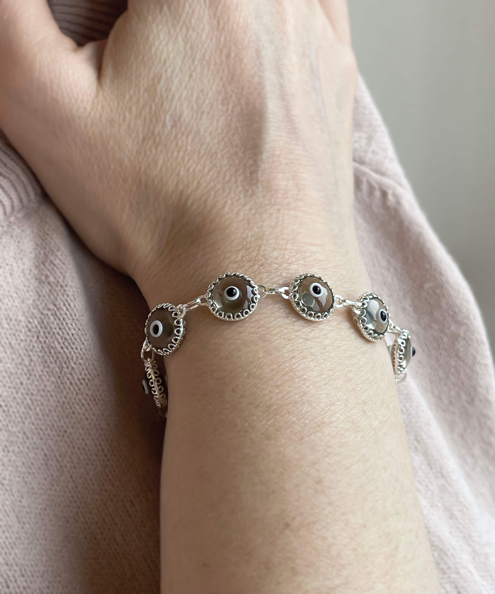 10 Beads Smokey Evil Eye Women Silver Link Bracelet