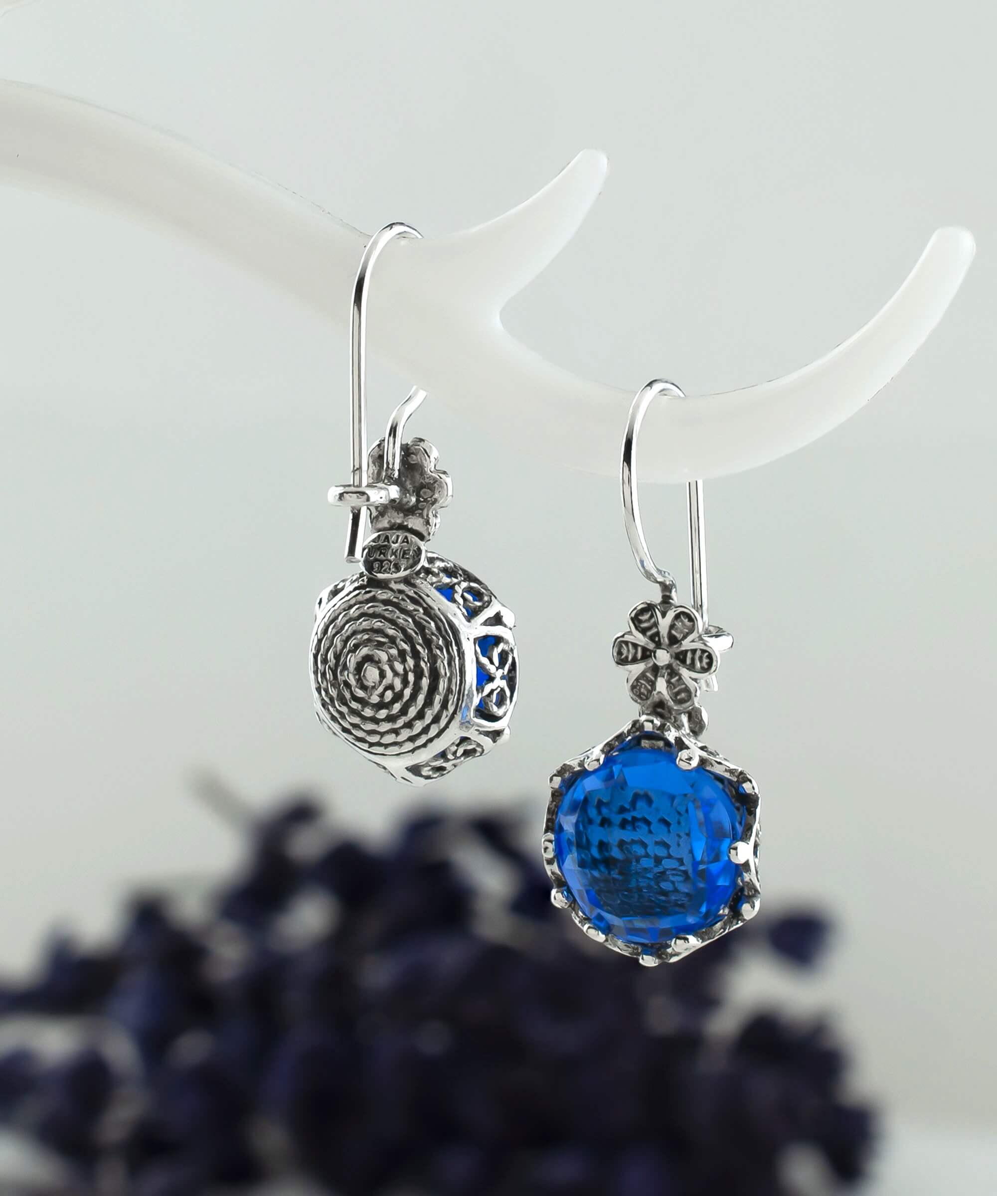 Filigree Art Blue Quartz Gemstone Women Sterling Silver Drop Earrings