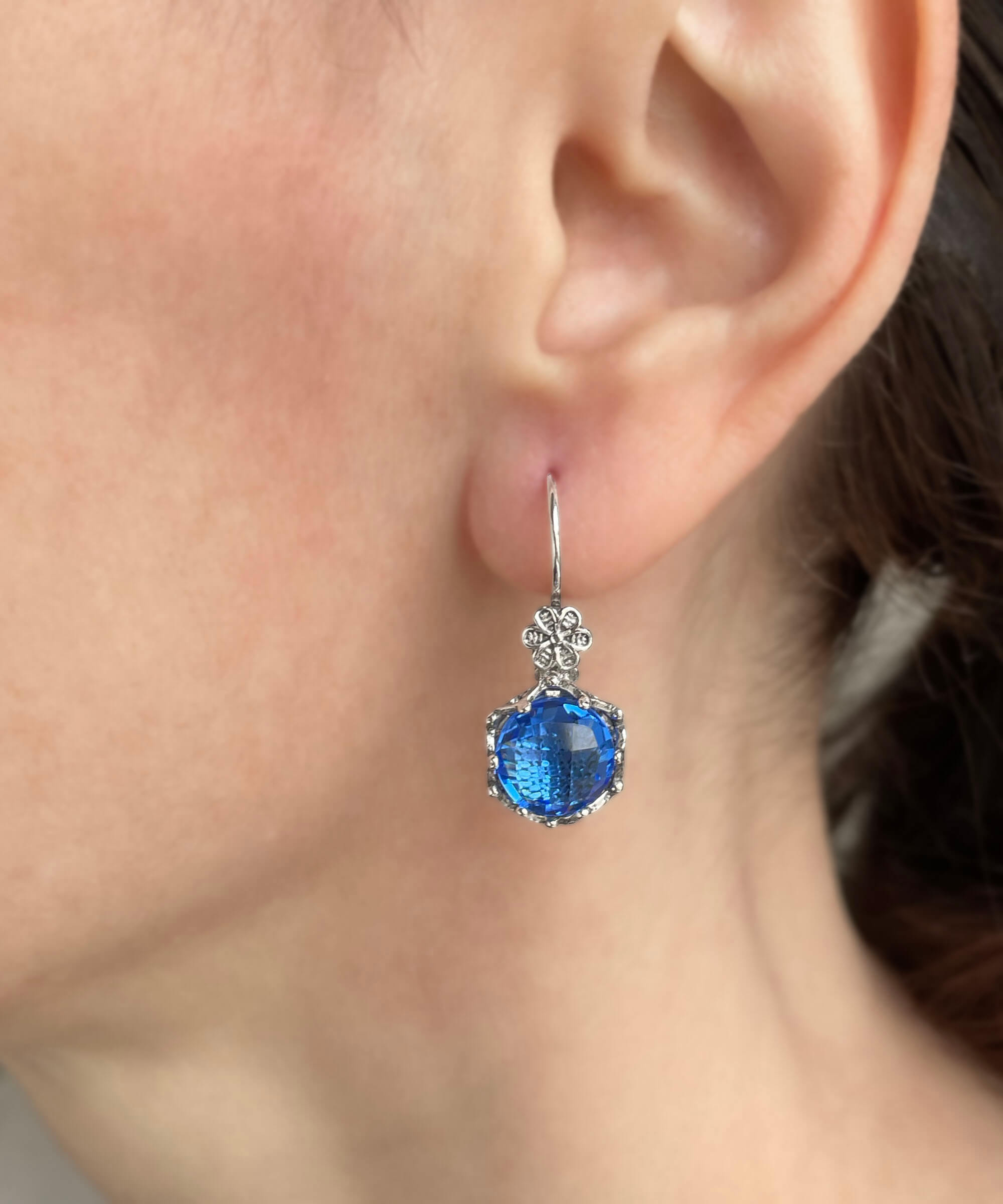 Filigree Art Blue Quartz Gemstone Women Sterling Silver Drop Earrings