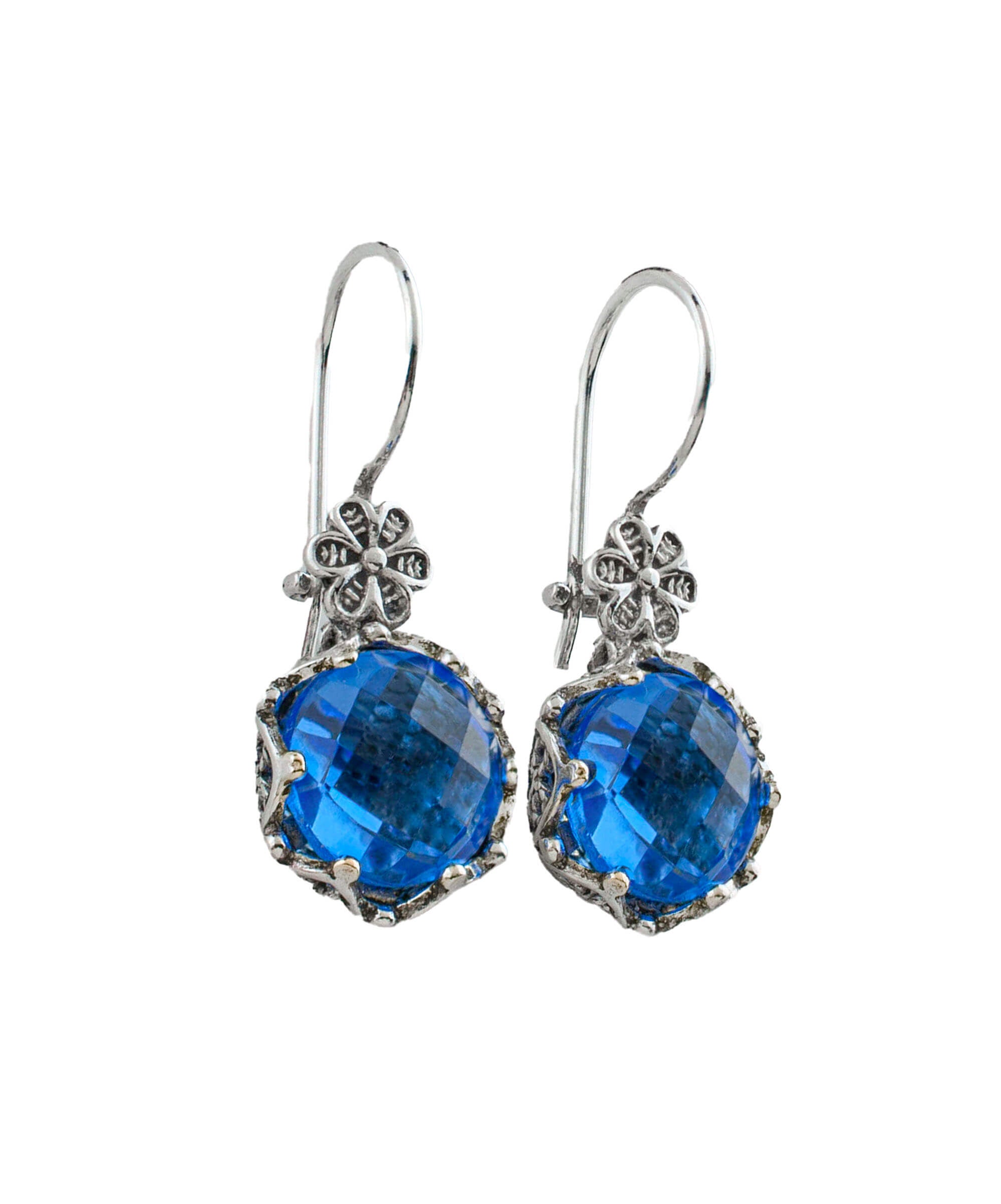 Filigree Art Blue Quartz Gemstone Women Sterling Silver Drop Earrings