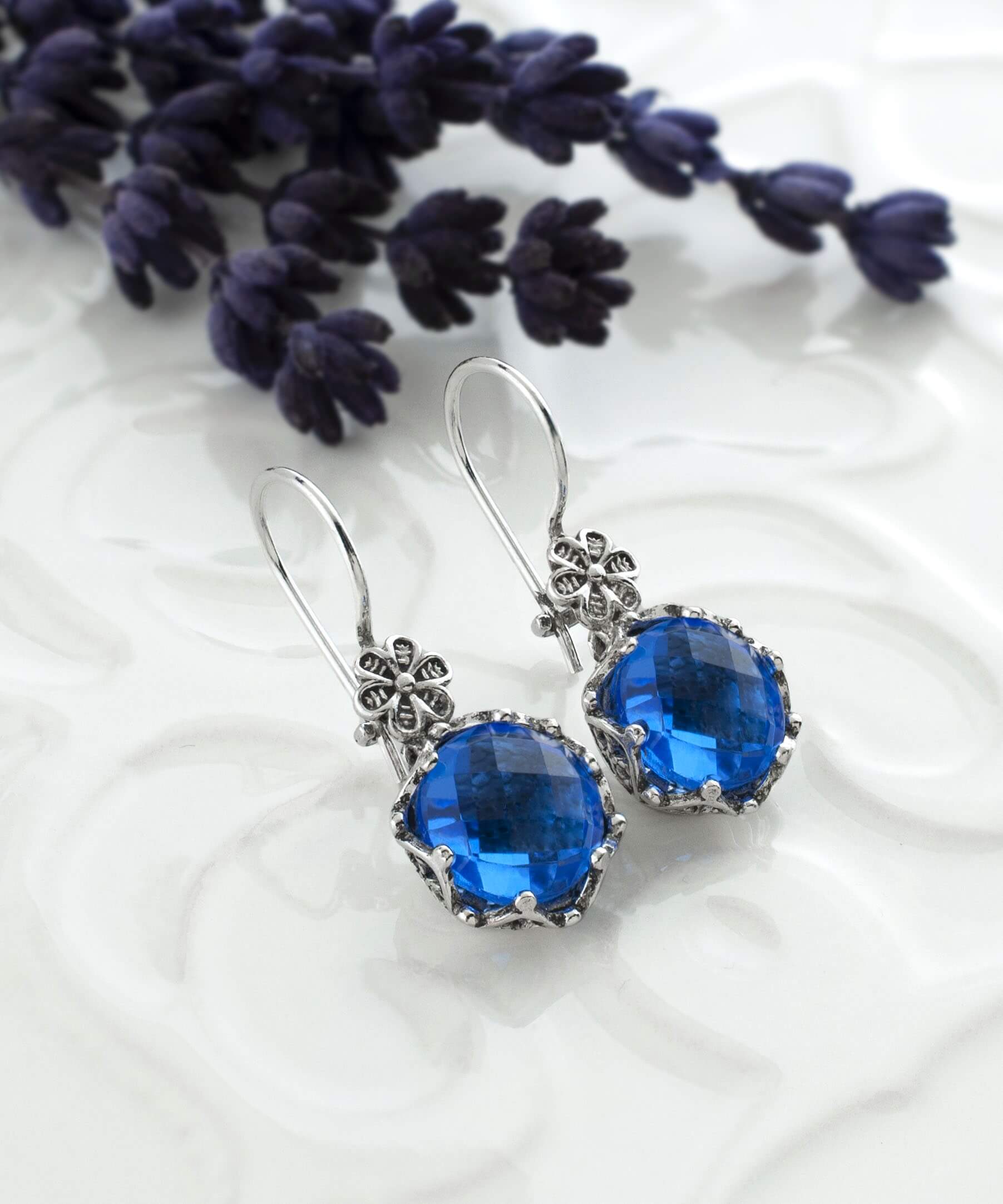 Filigree Art Blue Quartz Gemstone Women Sterling Silver Drop Earrings