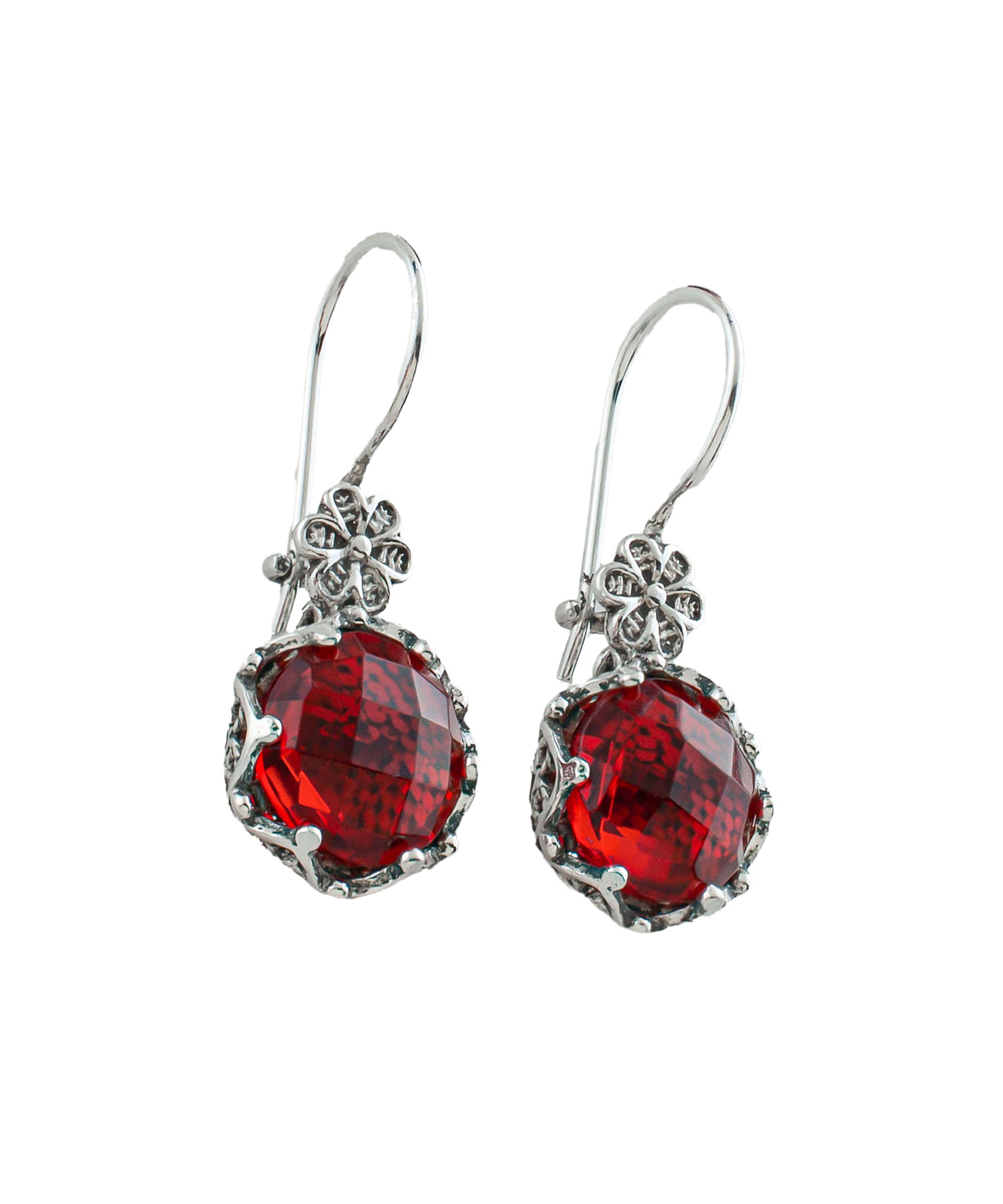 Filigree Art Ruby Gemstone Women Sterling Silver Drop Earrings