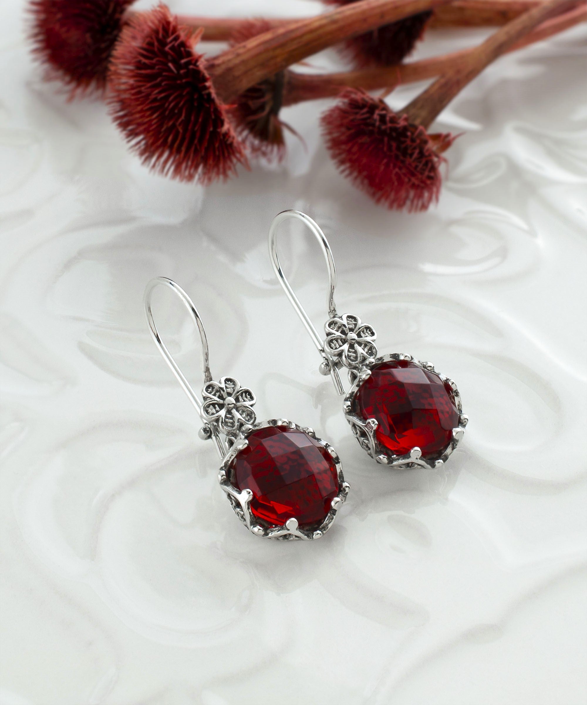 Filigree Art Ruby Gemstone Women Sterling Silver Drop Earrings