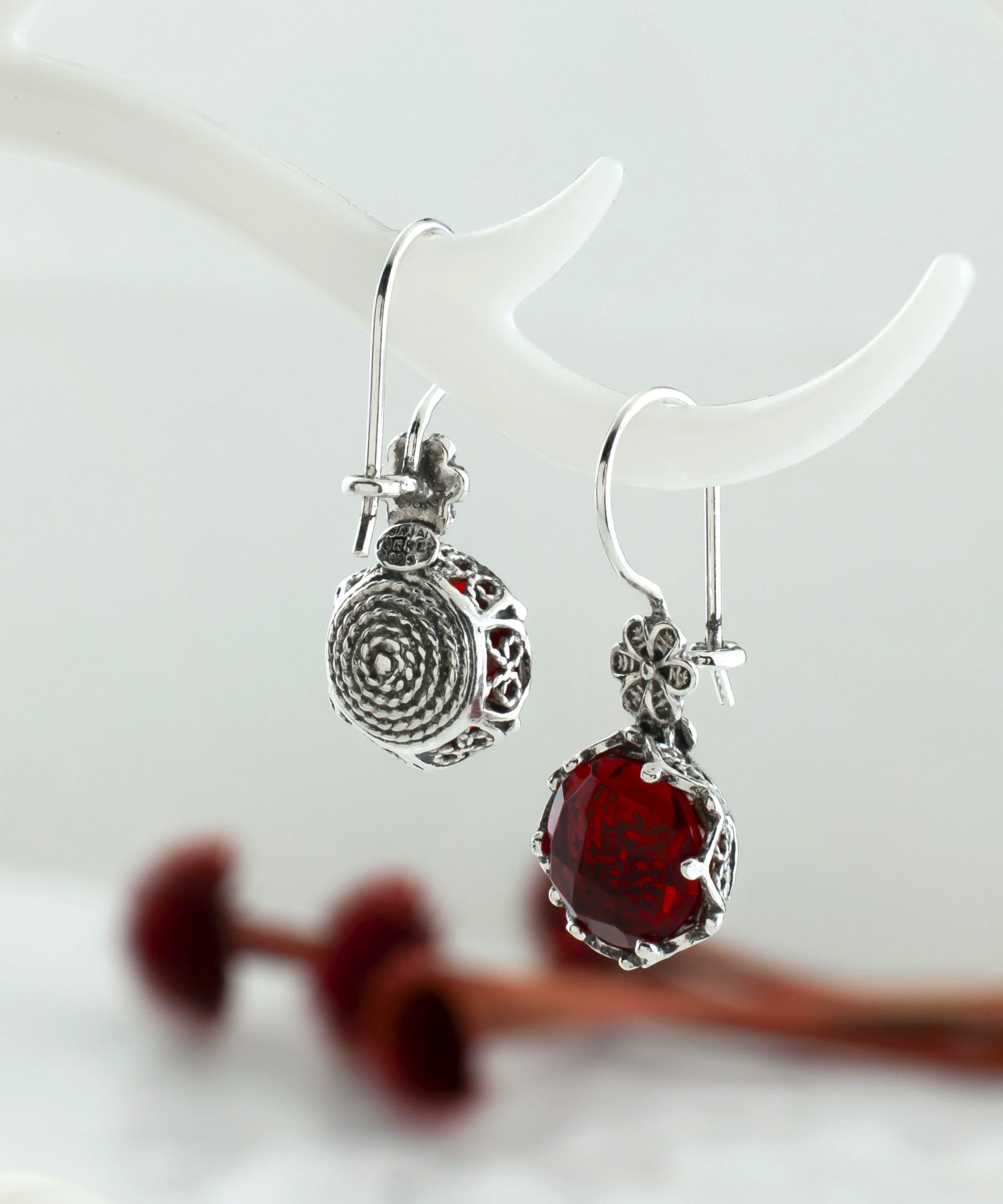 Filigree Art Ruby Gemstone Women Sterling Silver Drop Earrings