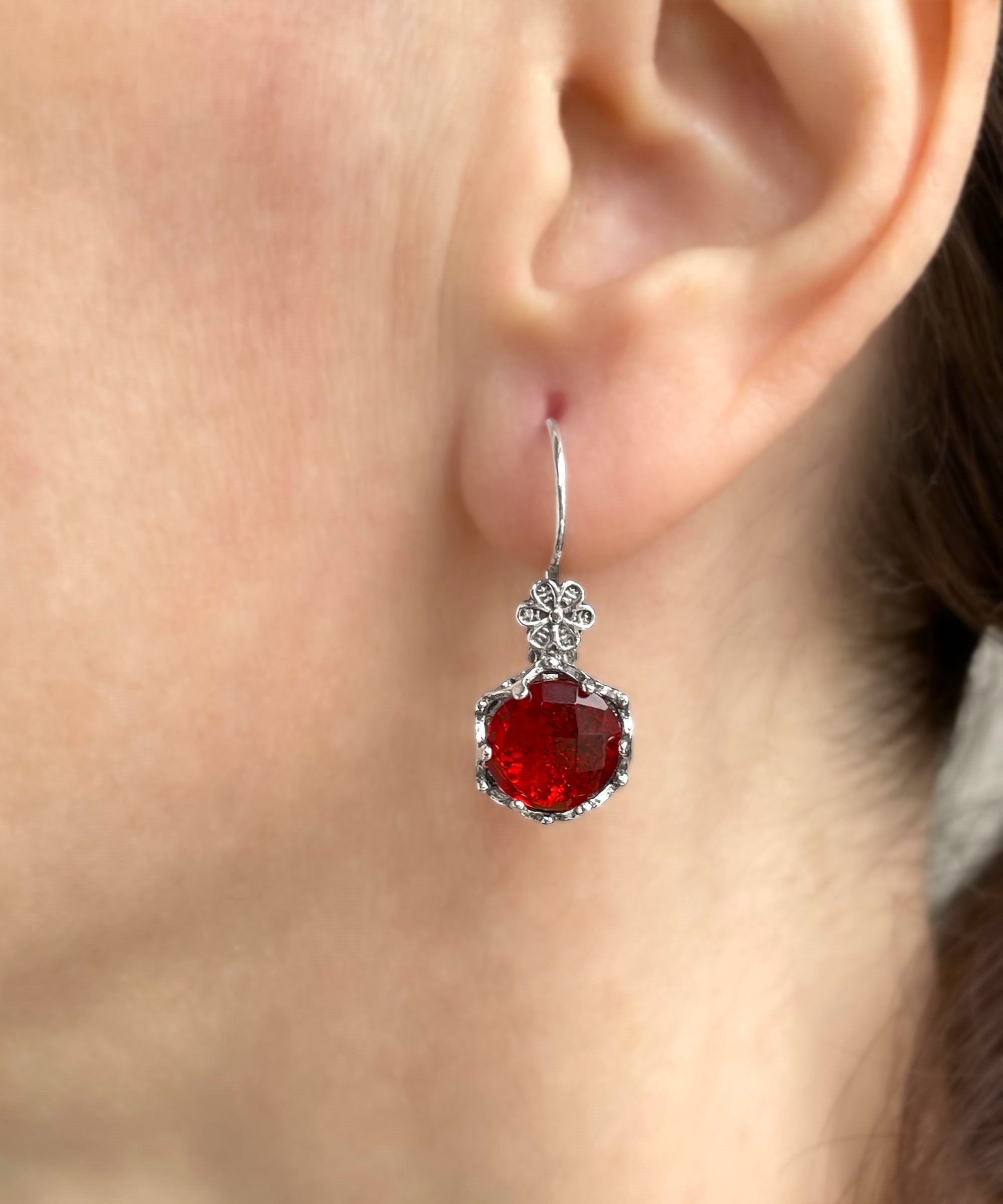 Filigree Art Ruby Gemstone Women Sterling Silver Drop Earrings