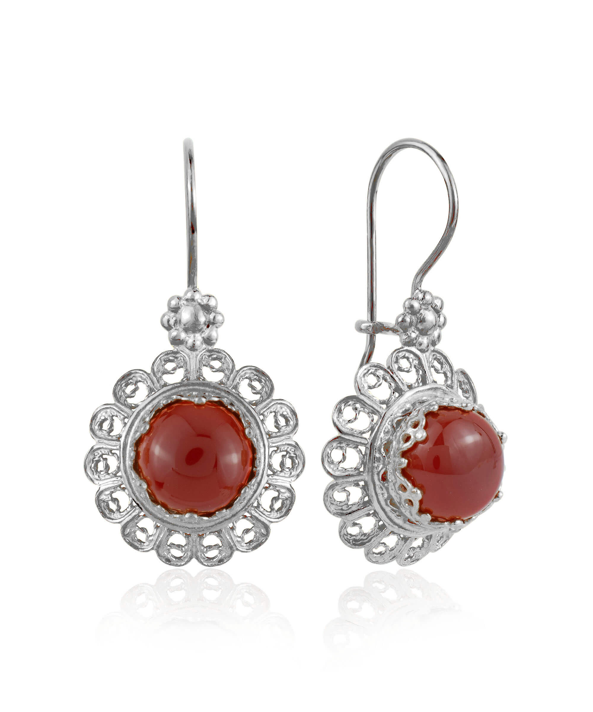 Filigree Art Flower Design Carnelian Gemstone Women Silver Drop