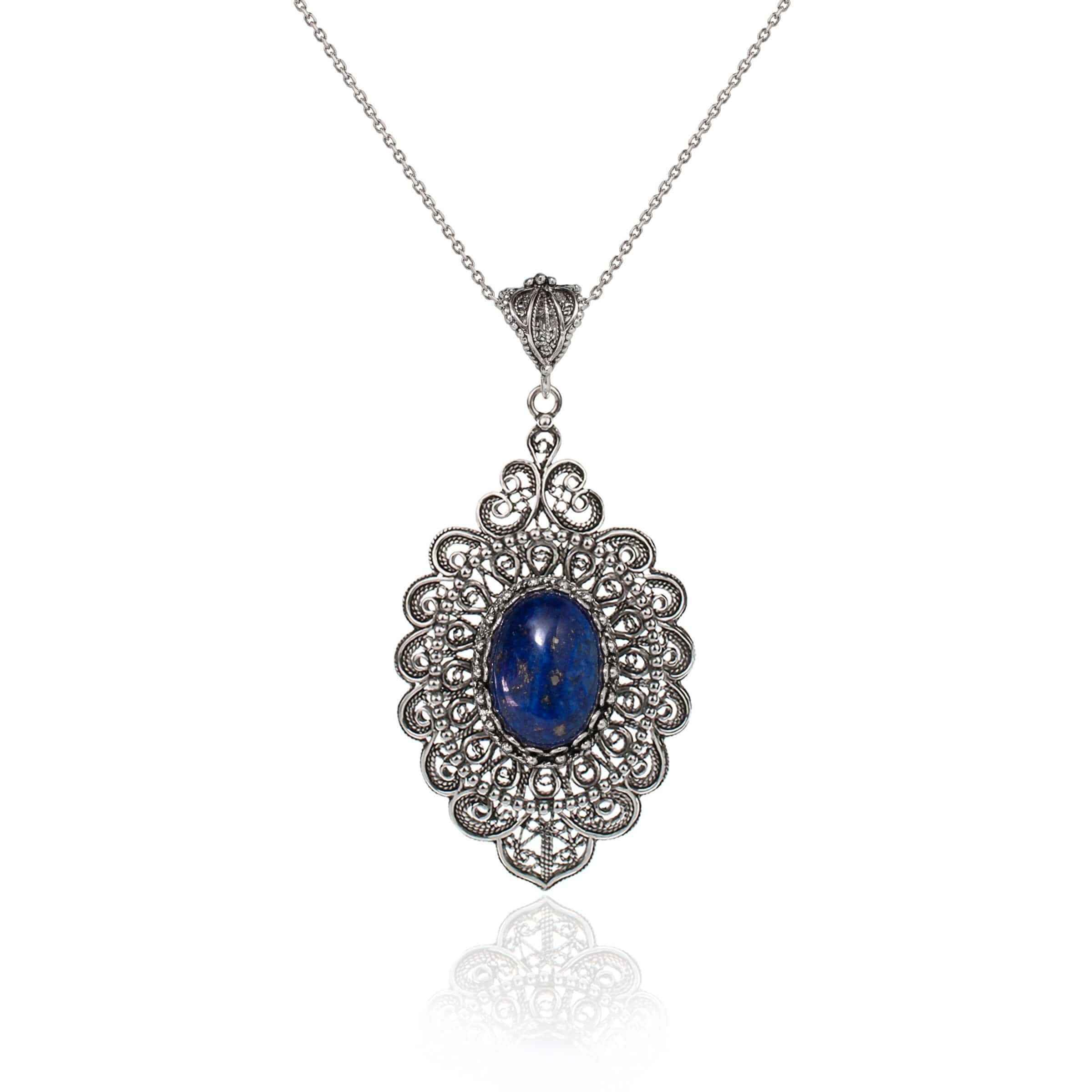 Filigree Art Lapis Lazuli Gemstone Floral Figured Women Silver Oval