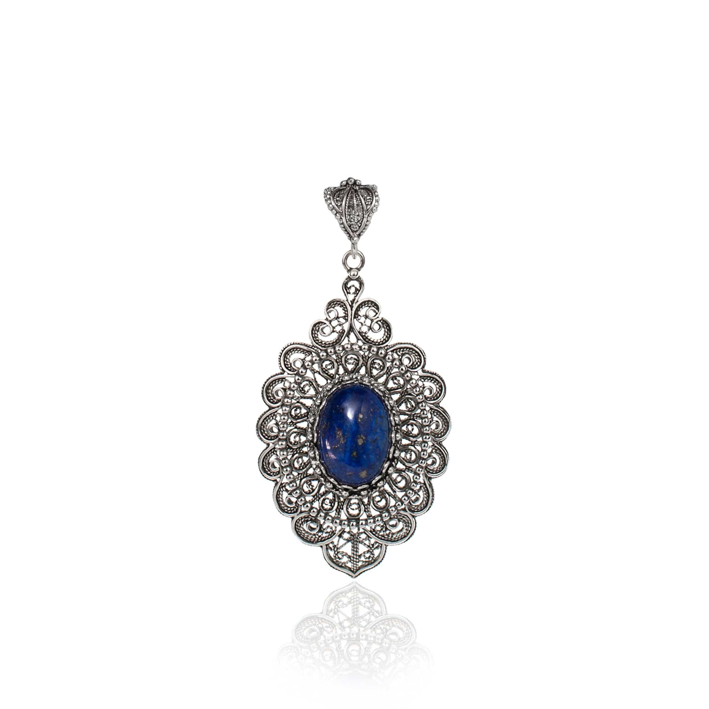 Filigree Art Lapis Lazuli Gemstone Floral Figured Women Silver Oval