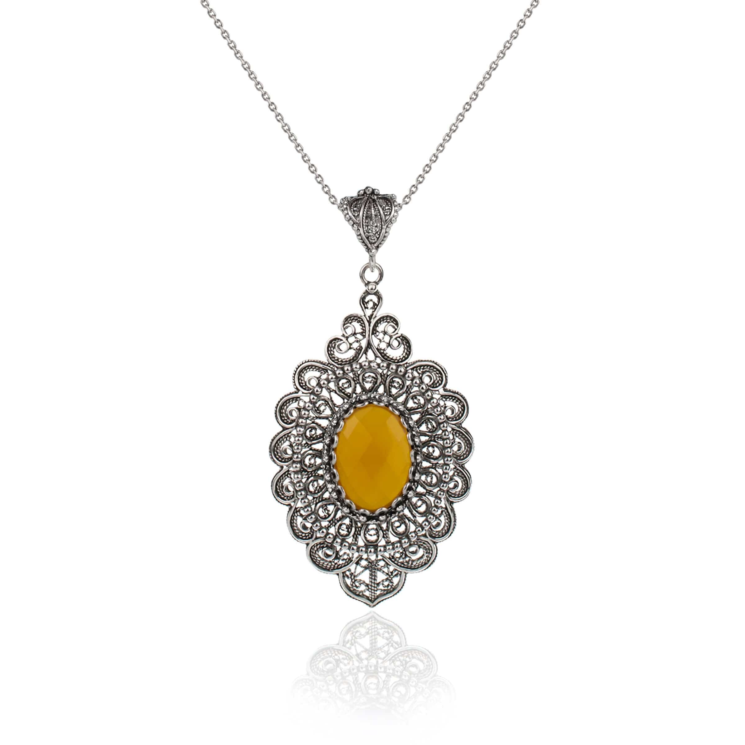 Filigree Art Yellow Agate Gemstone Floral Figured Women Silver Oval