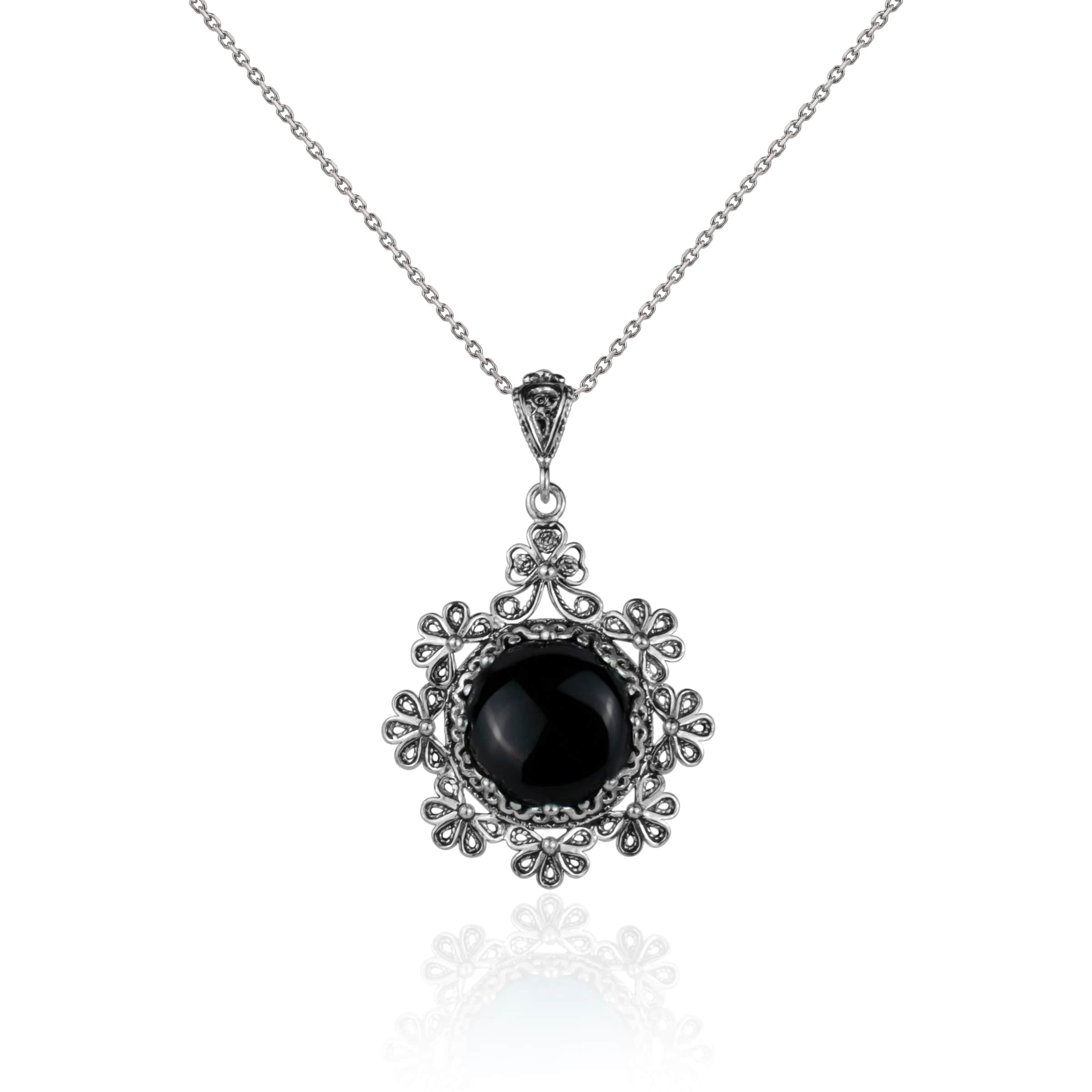 Filigree Art Black Onyx Gemstone Floral Design Women Silver Pendant