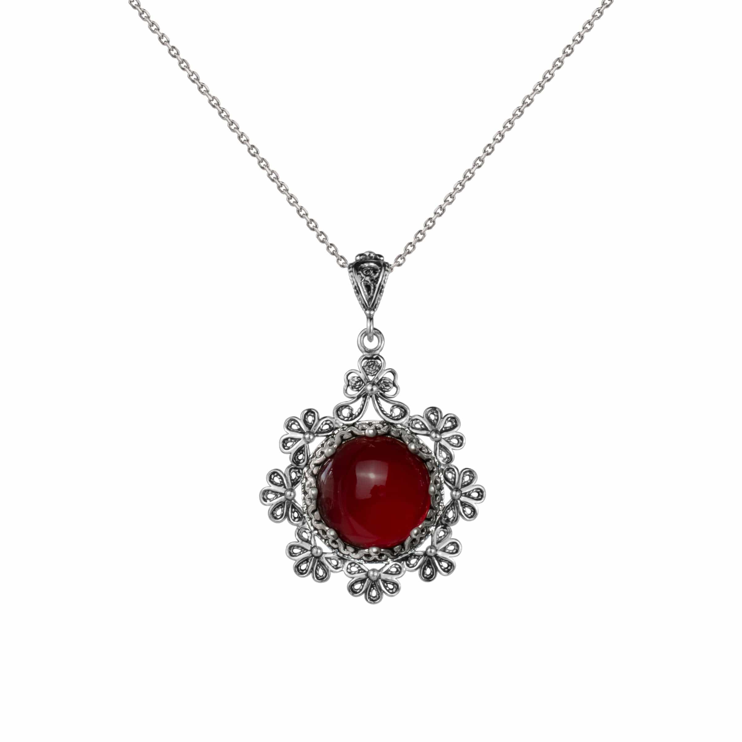 Filigree Art Carnelian Gemstone Floral Design Women Silver Pendant