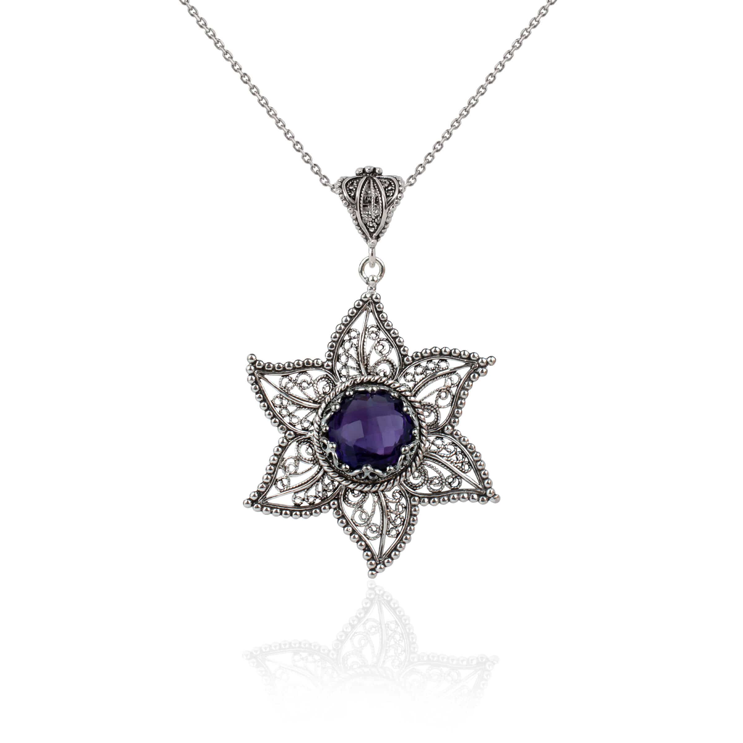 Filigree Art Amethyst Gemstone Star Design Women Silver Pendant