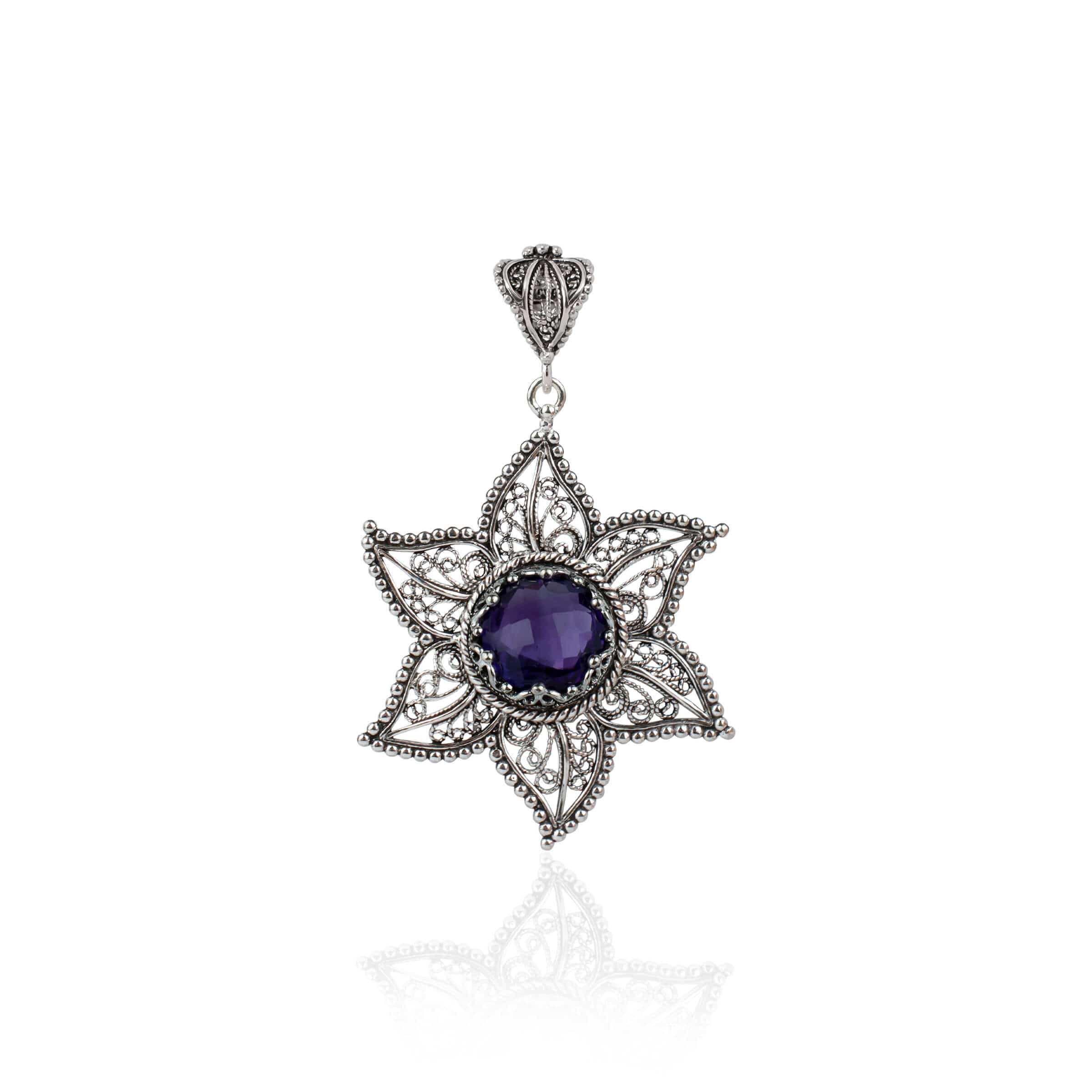 Filigree Art Amethyst Gemstone Star Design Women Silver Pendant